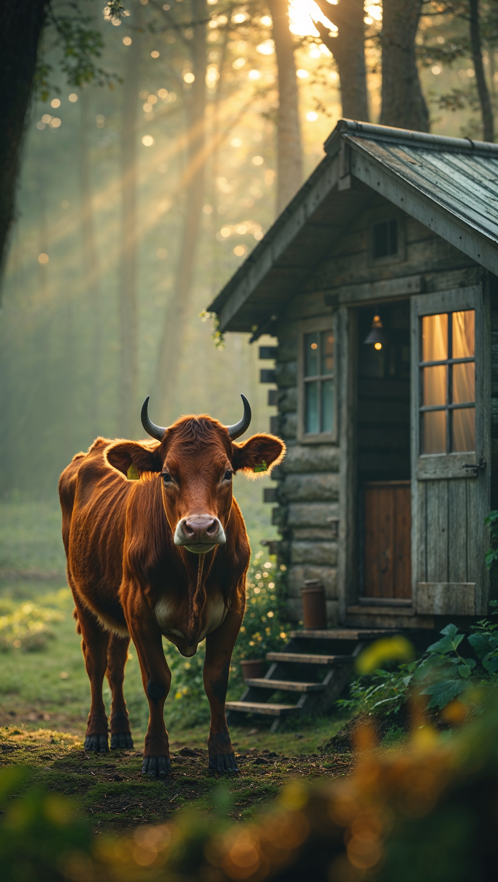 A cow next to a small wooden cabin in the forest for an iPhone wallpaper