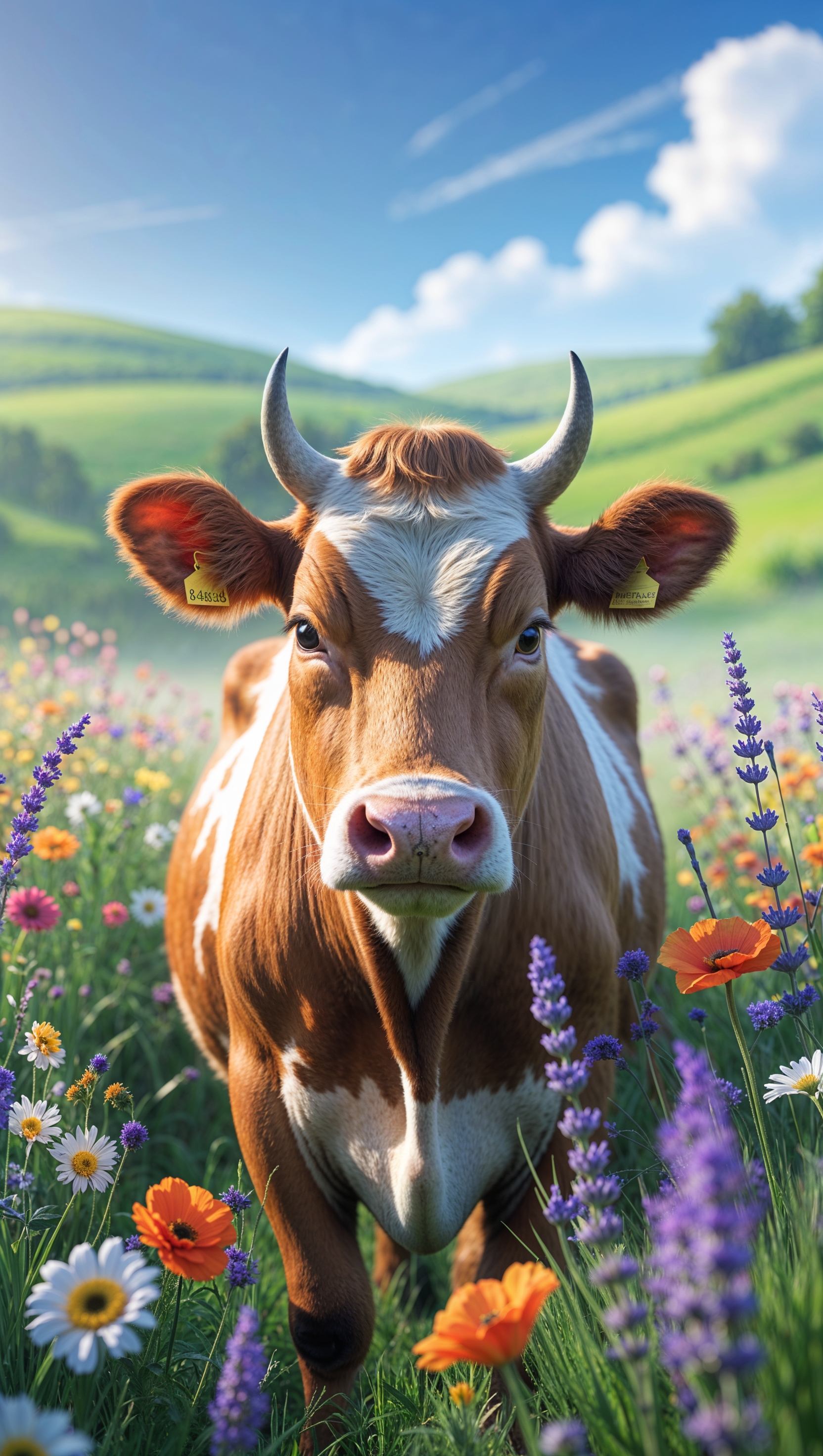 A cow next to a flower meadow and green fields for an iPhone wallpaper