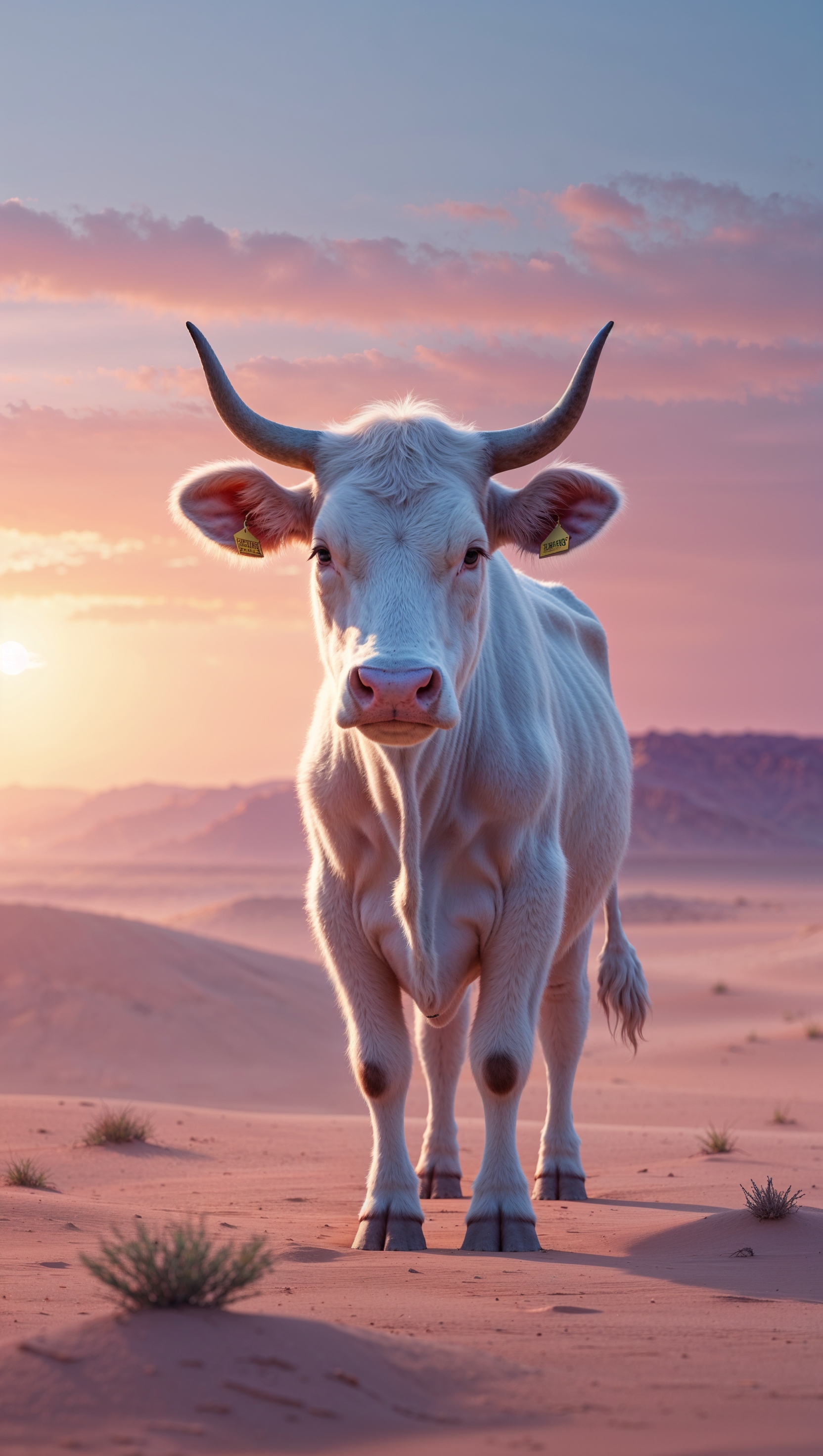 A cow with white hands in a desert with sunrise light for an iPhone wallpaper
