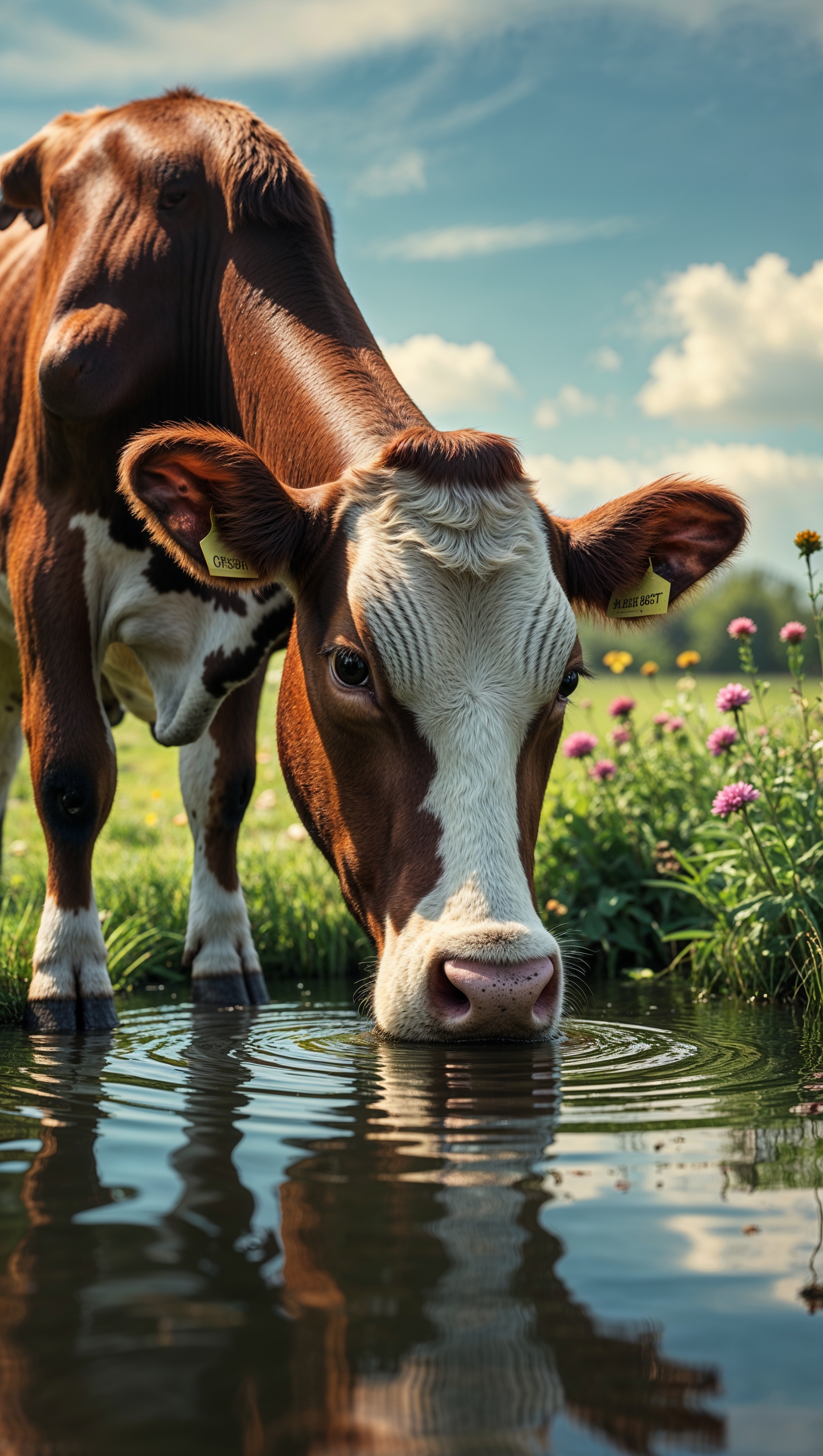 A cow drinking from a small pond in nature for an iPhone wallpaper