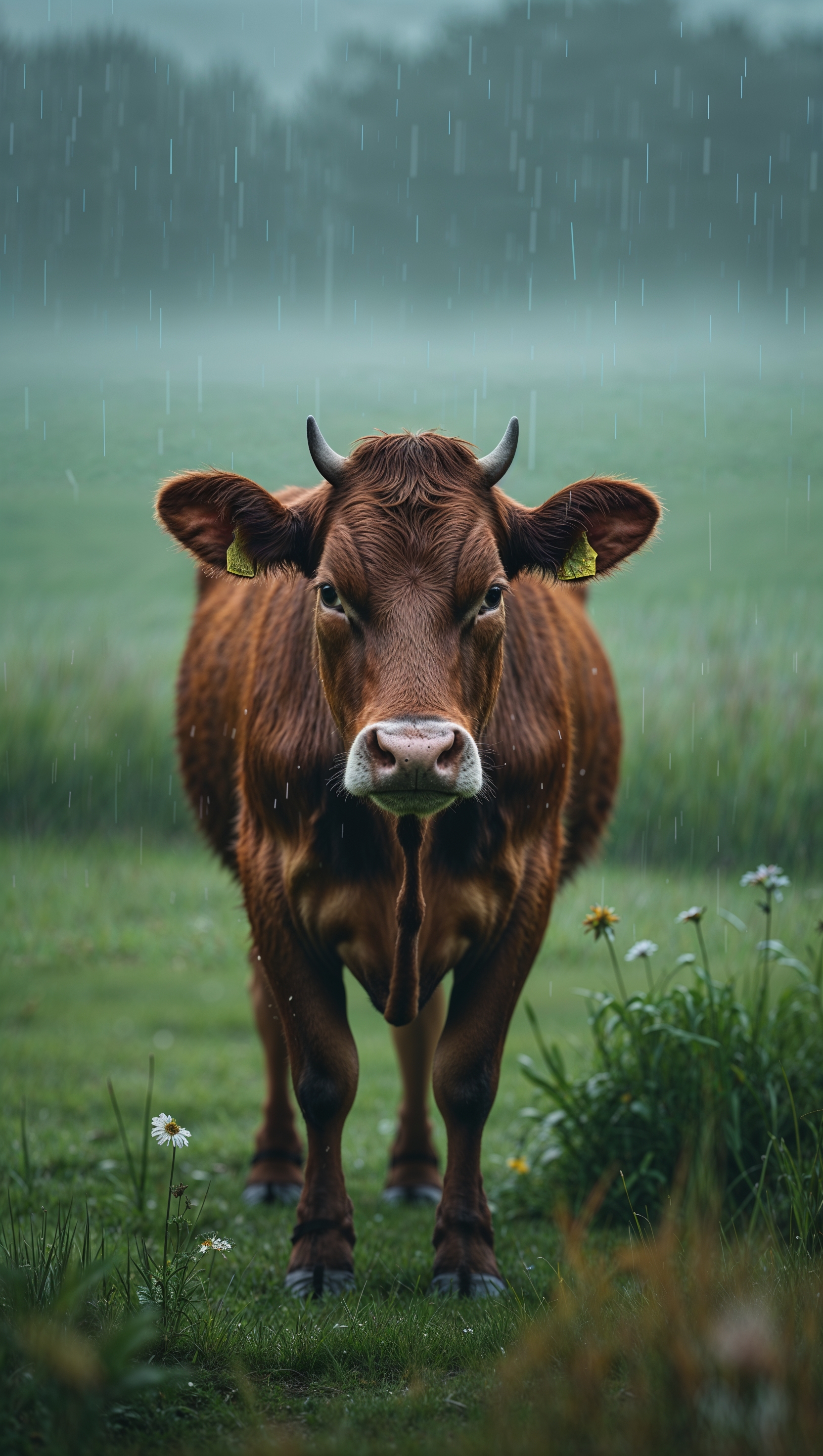 An image of a cow under light rain in an open field for an iPhone wallpaper