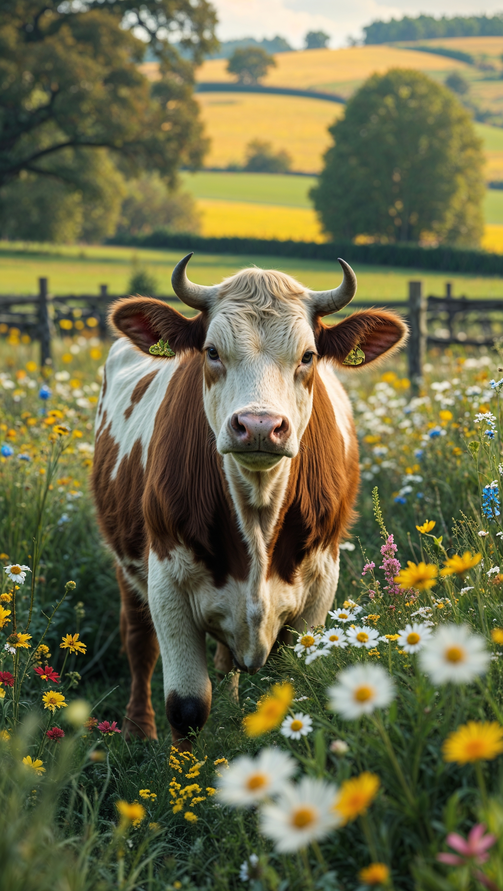 An image of a cow with wildflowers and agricultural fields for an iPhone wallpaper