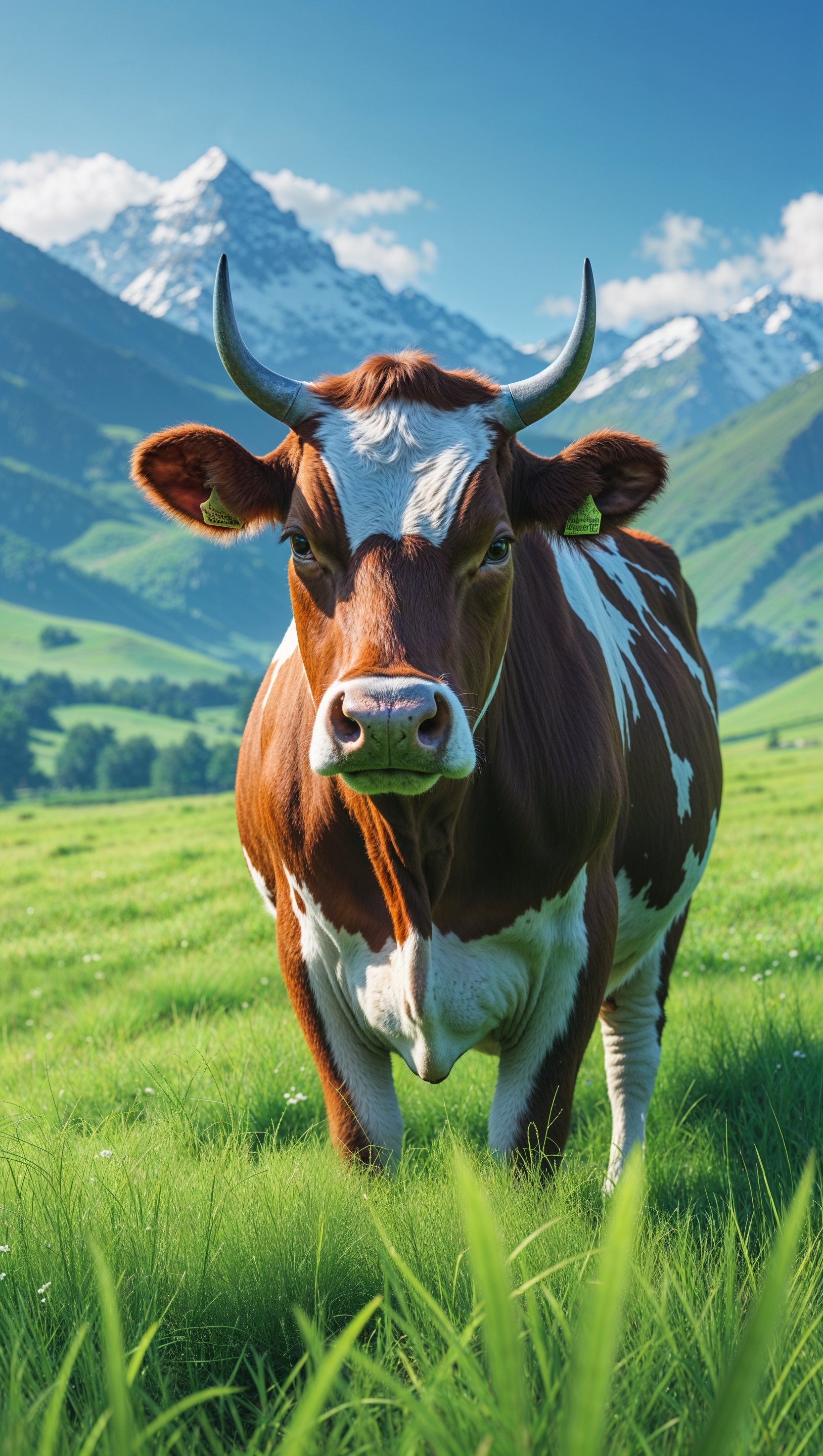 An image of a cow with green grass and a mountainous background for an iPhone wallpaper