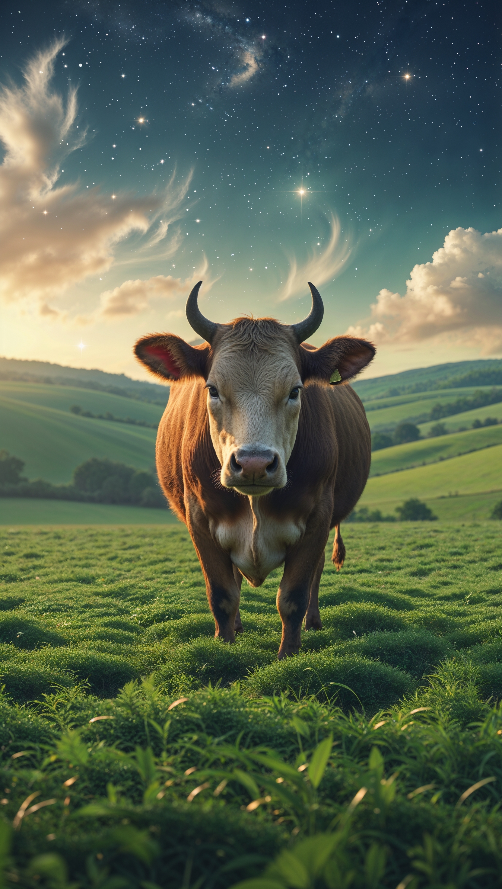 An image of a cow in vast fields with a starry sky for an iPhone wallpaper