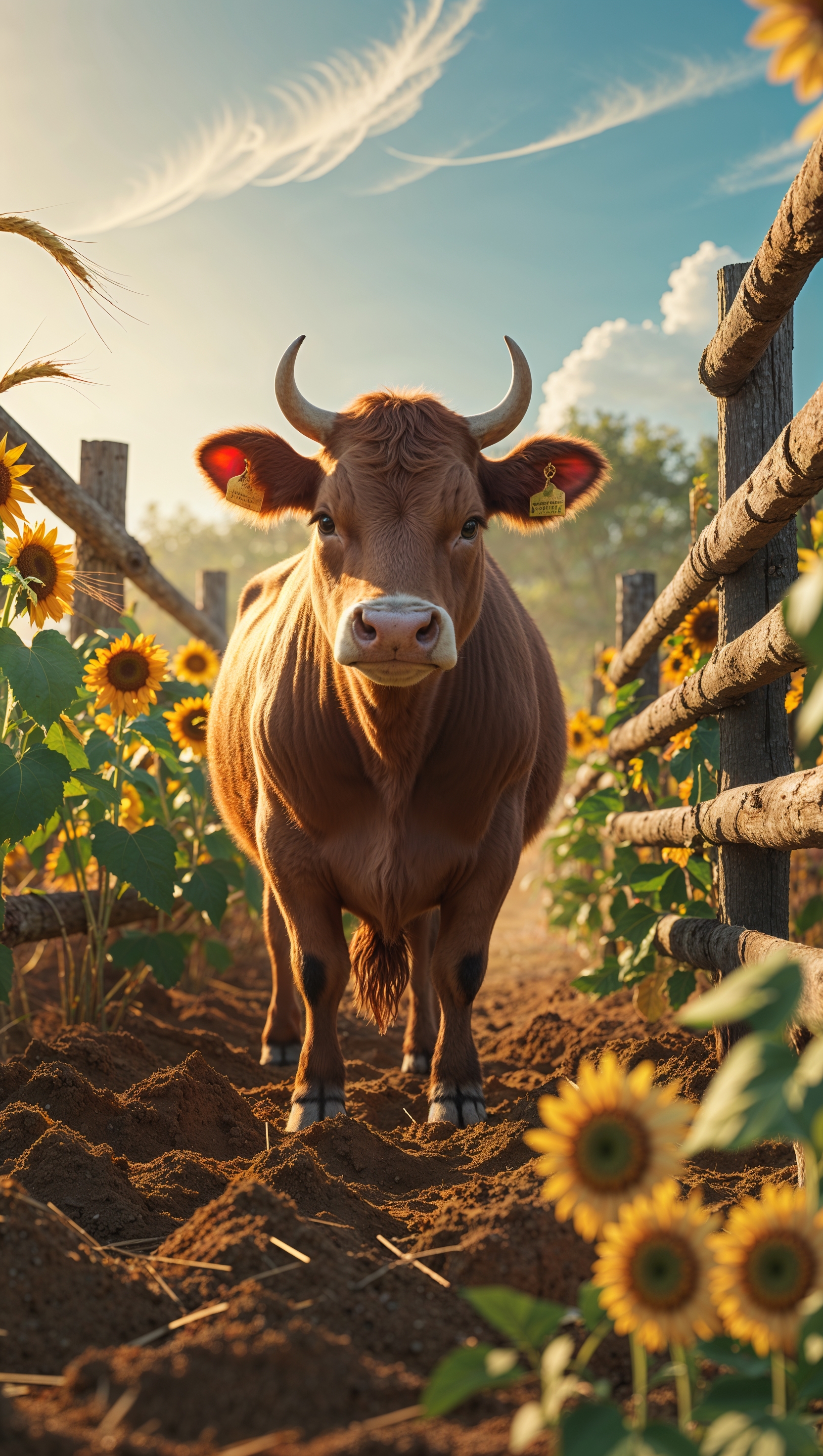 A beautiful cow in a farm with warm colors and golden rays in the sunlight