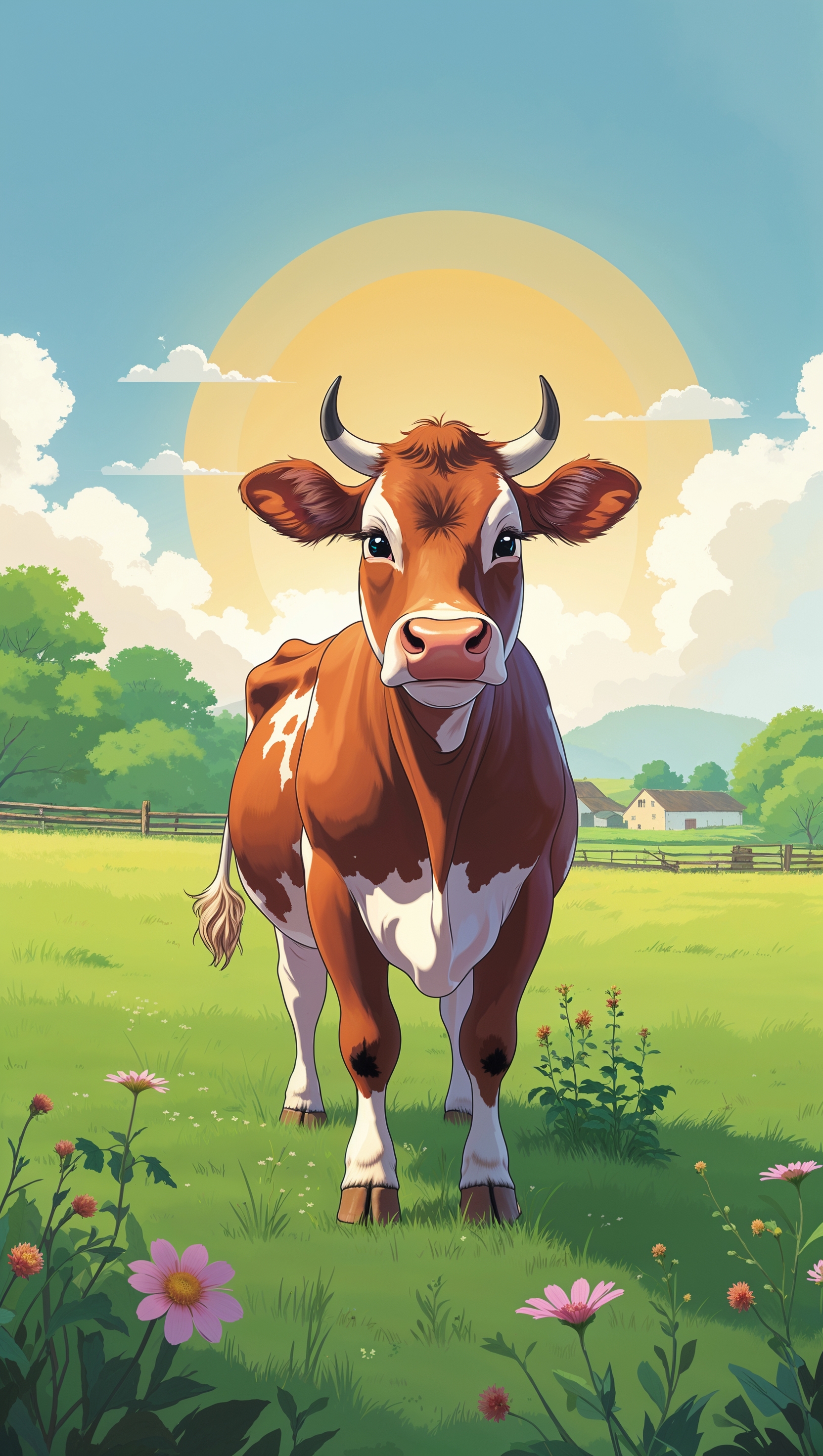 An image of a cow in a farm next to a warm sun and pleasant weather for an iPhone wallpaper
