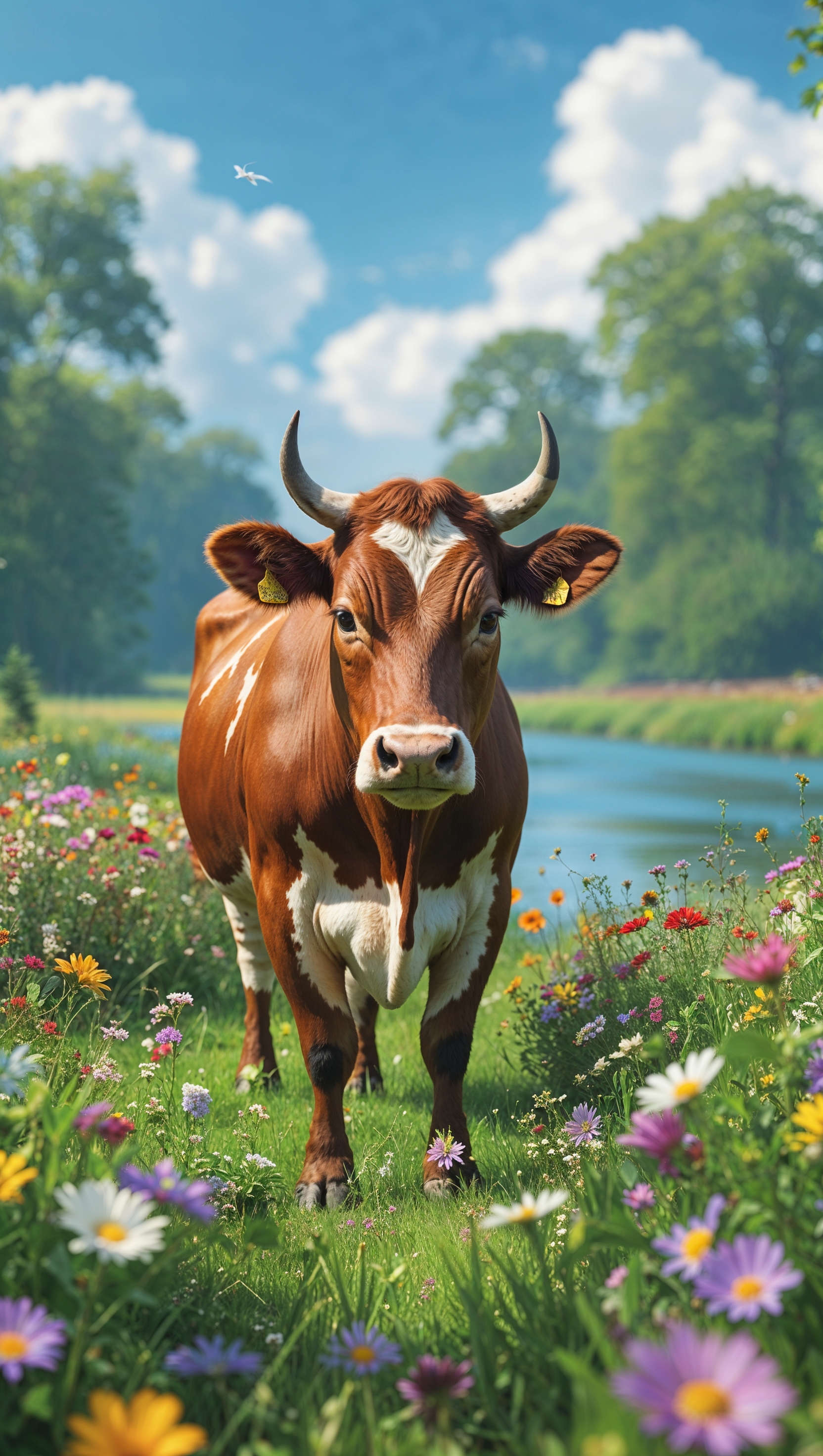 An image of a cow in a field of flowers with a river for an iPhone wallpaper