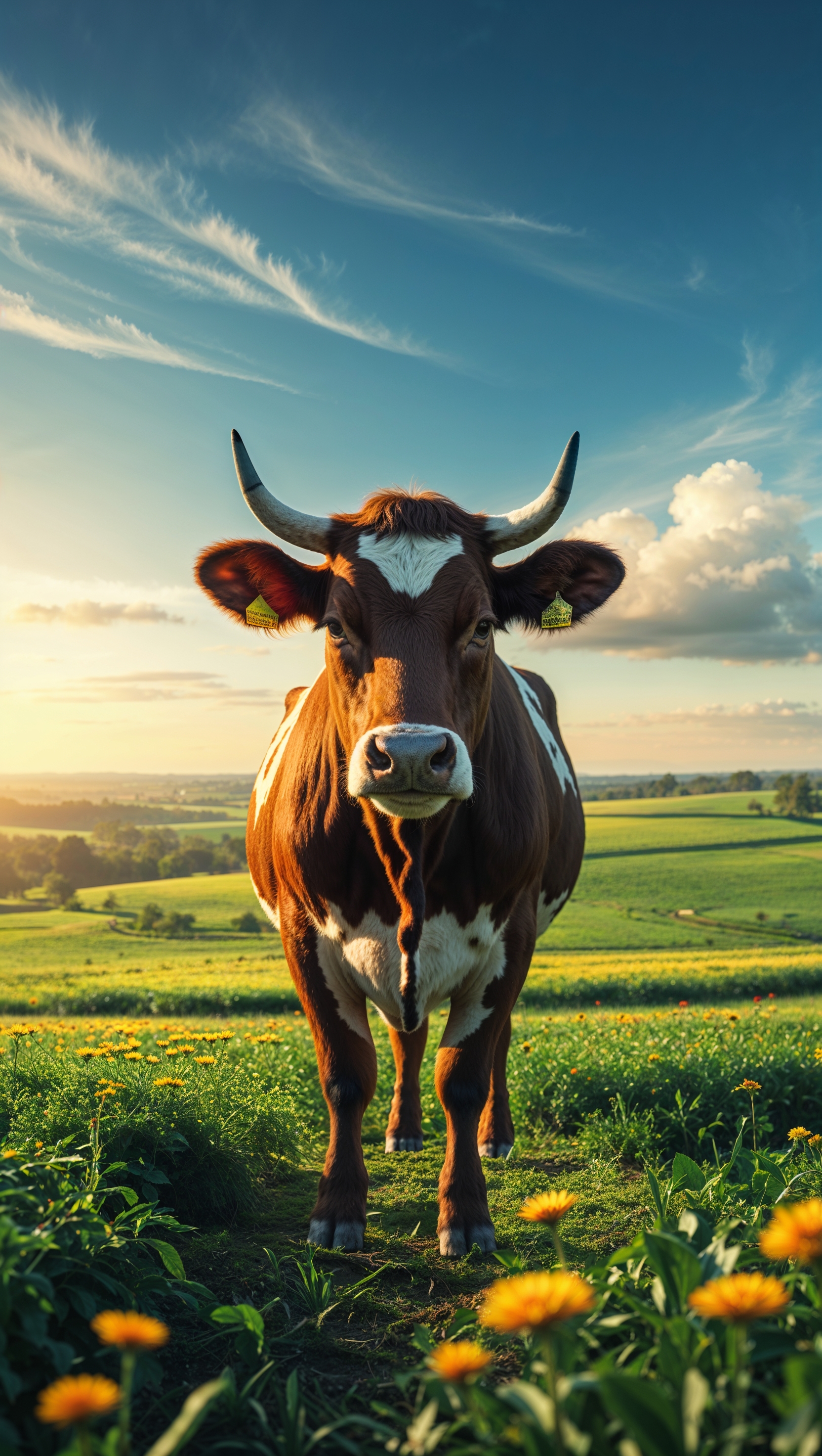 A cow in the middle of a vast farm with green pastures and a blue sky for an iPhone wallpaper