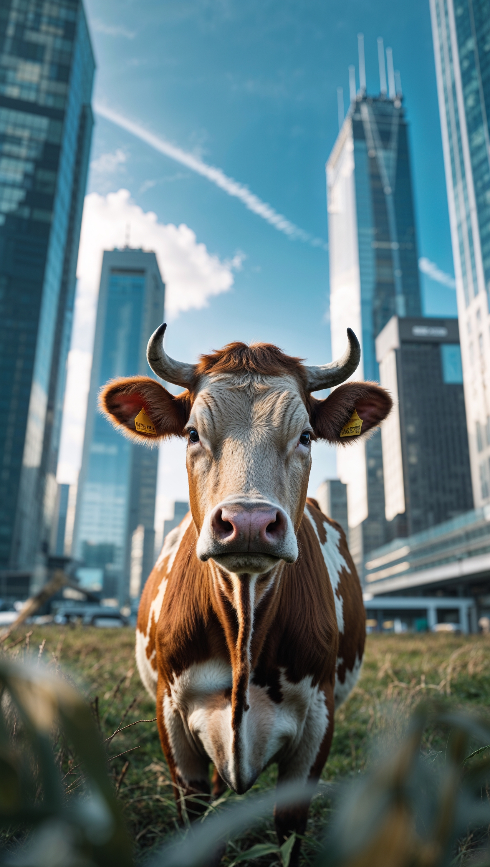 An image of a cow with an urban background and tall buildings for an iPhone wallpaper