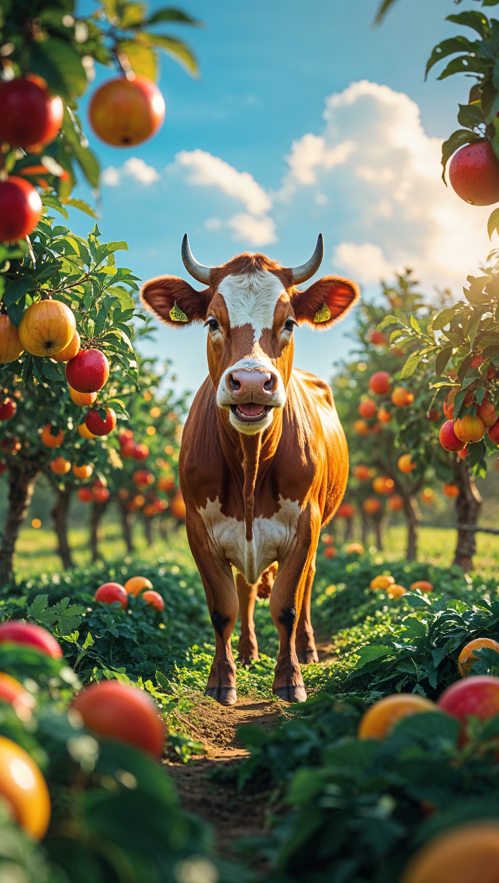 A happy cow in a farm with fruit-bearing trees for an iPhone wallpaper