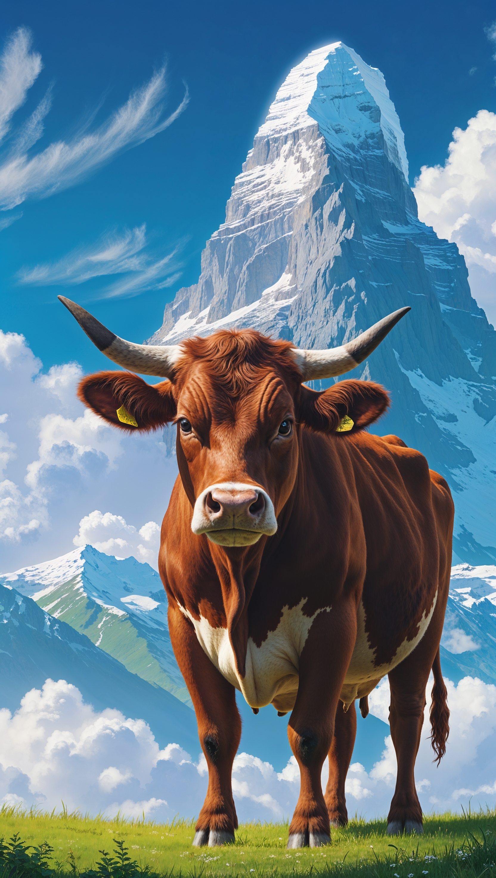 A cow next to a tall peak with a blue sky and soft clouds for an iPhone wallpaper