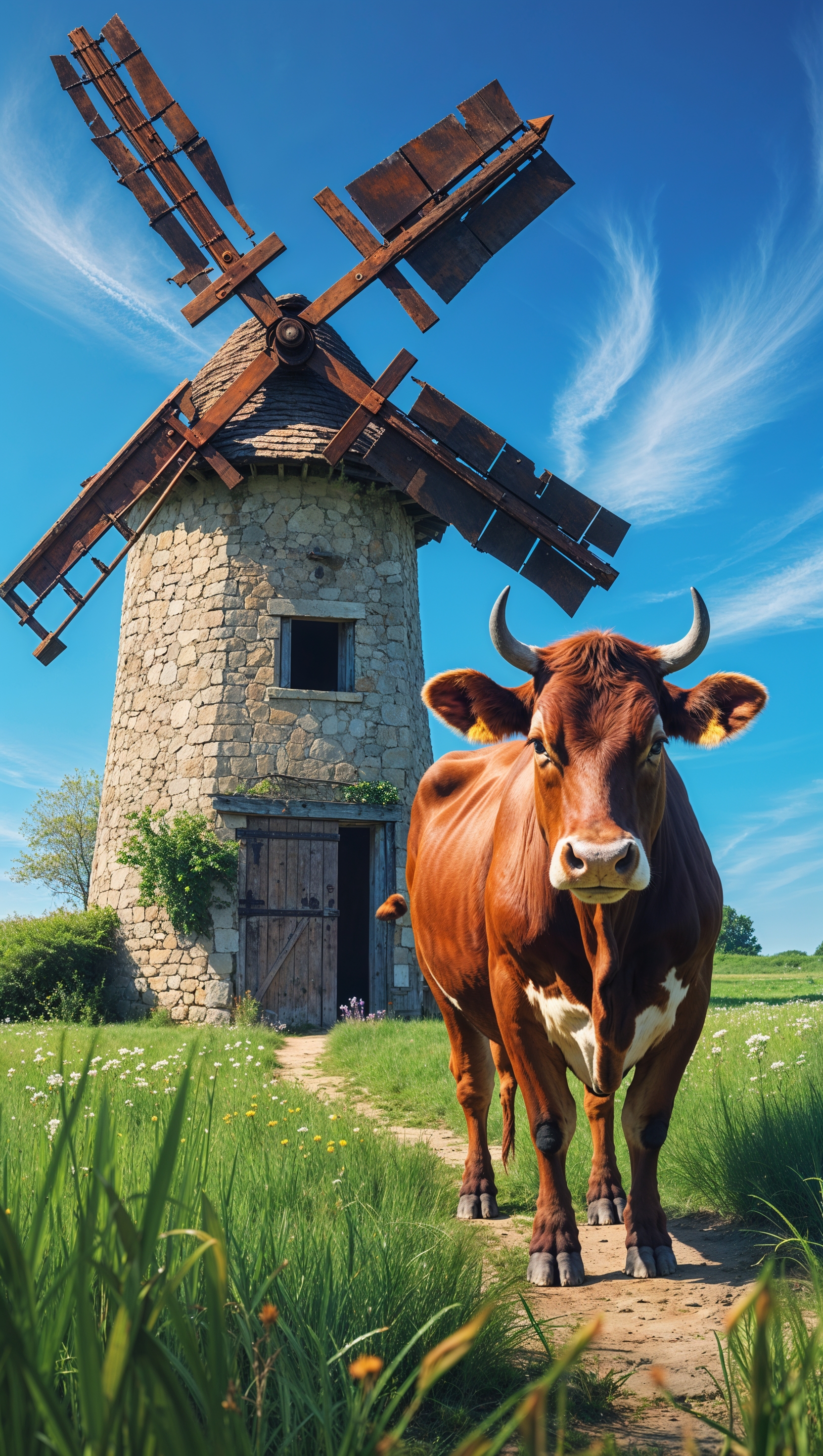 A cow next to an old windmill with a bright sky for an iPhone wallpaper