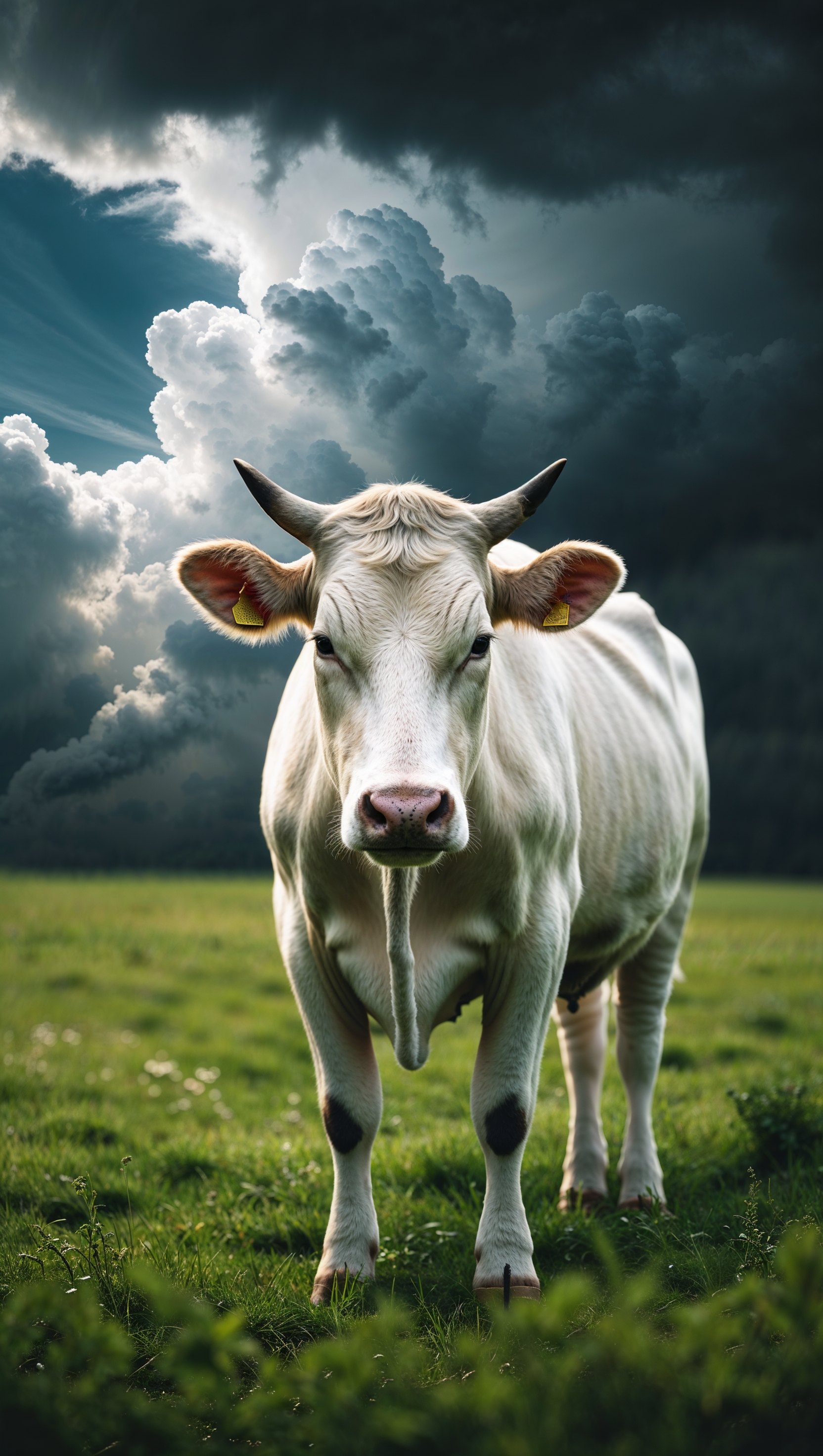 A white cow against a cloudy and stormy sky for an iPhone wallpaper