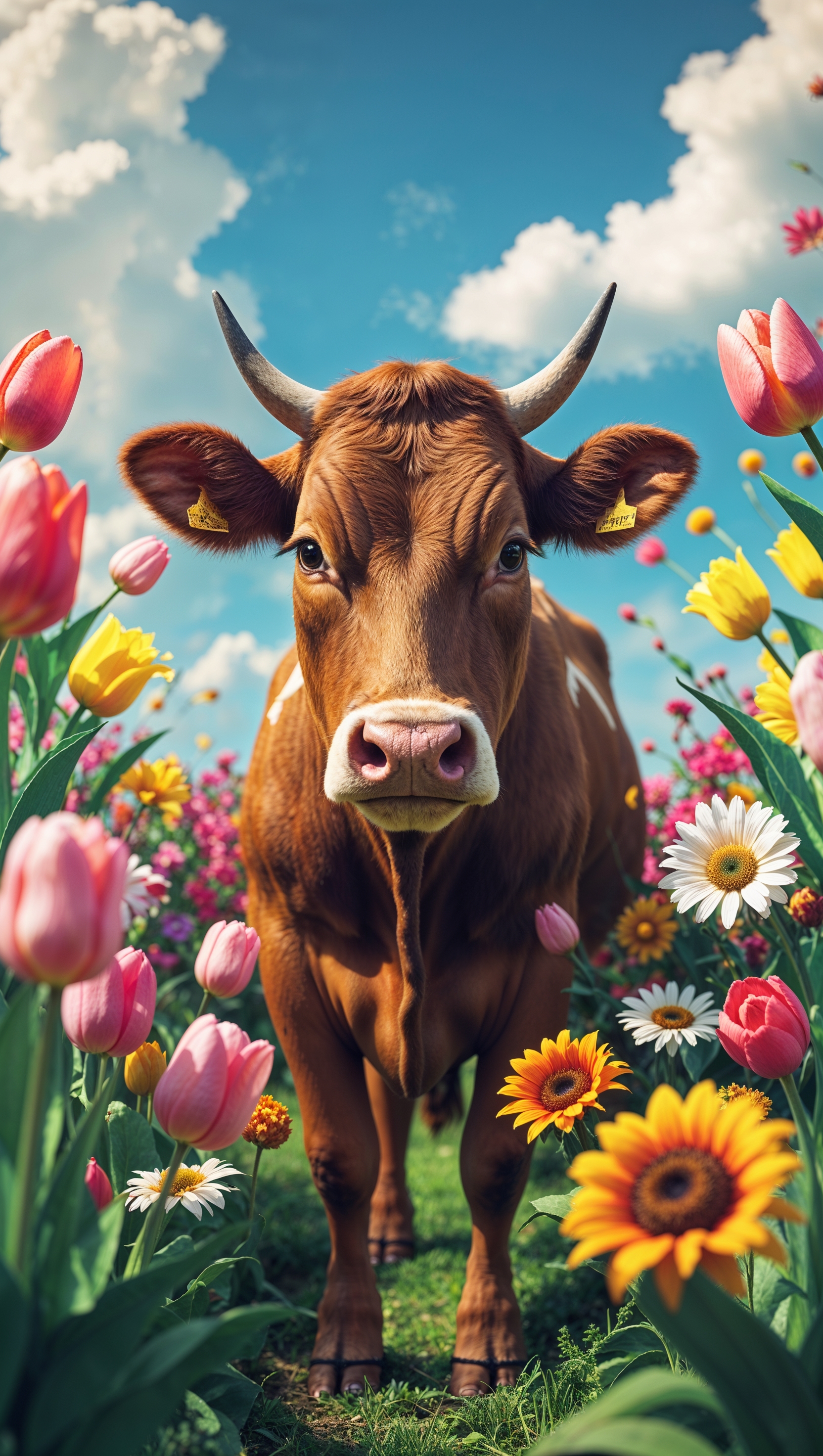 A cow in a farm with colorful flowers around it for an iPhone wallpaper
