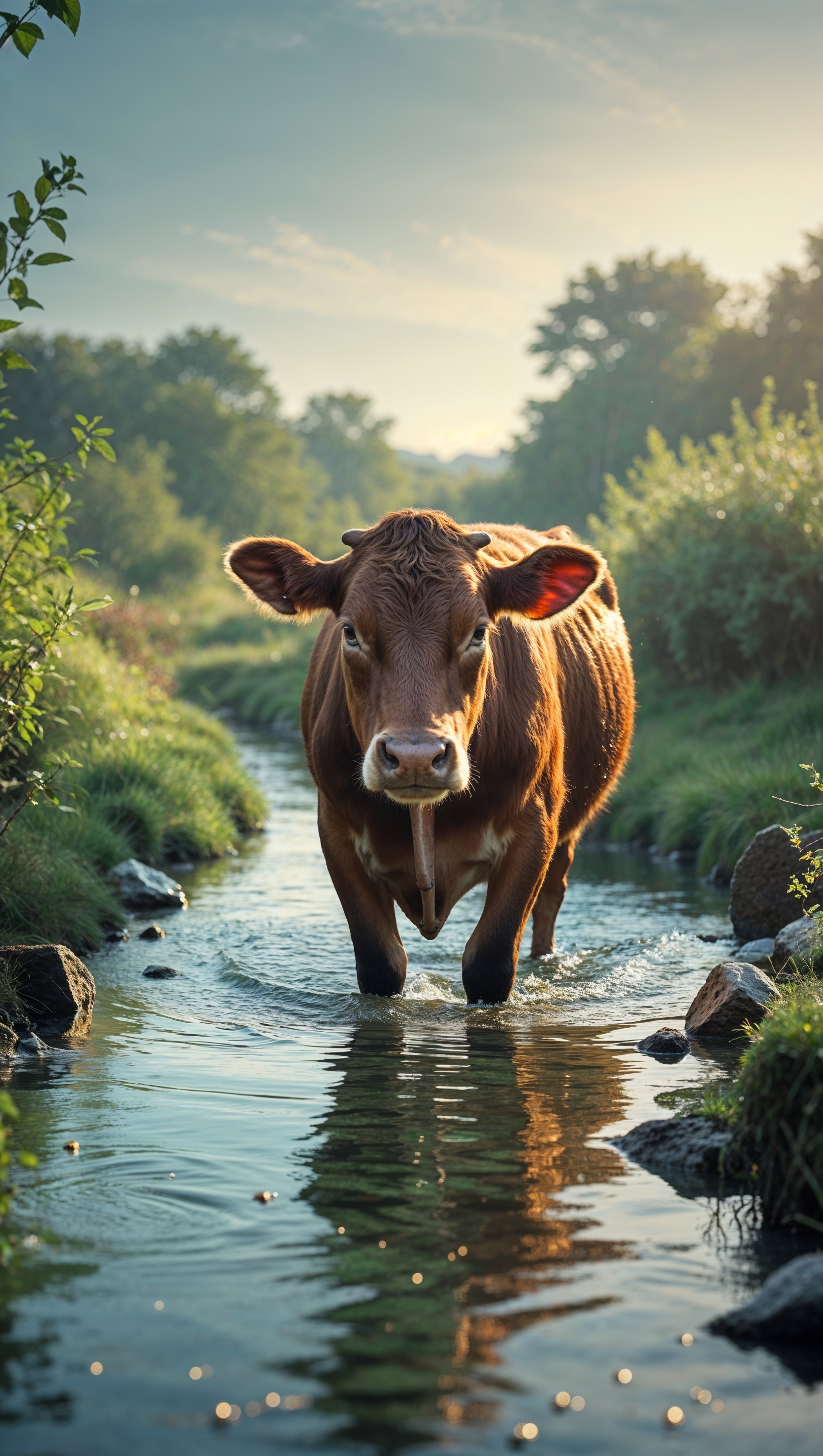 An image of a cow crossing a stream for an iPhone wallpaper