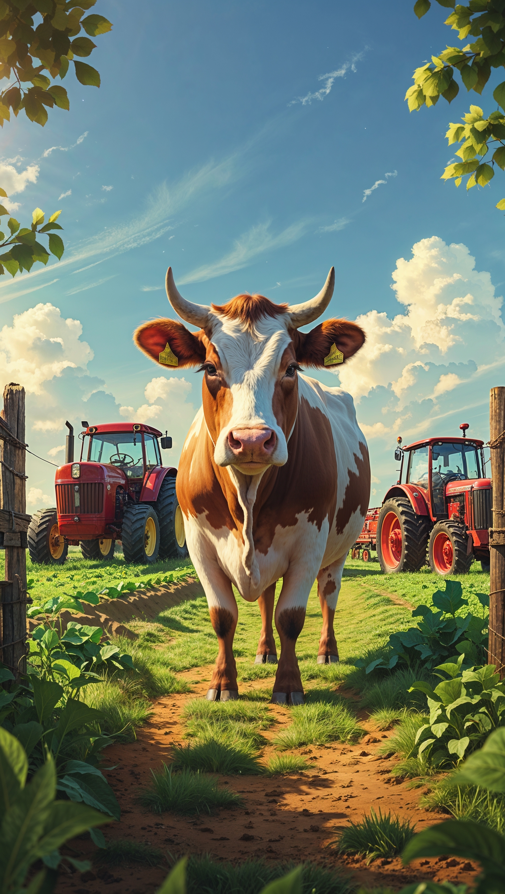 A cow in a farm with a tractor and farming machines for an iPhone wallpaper