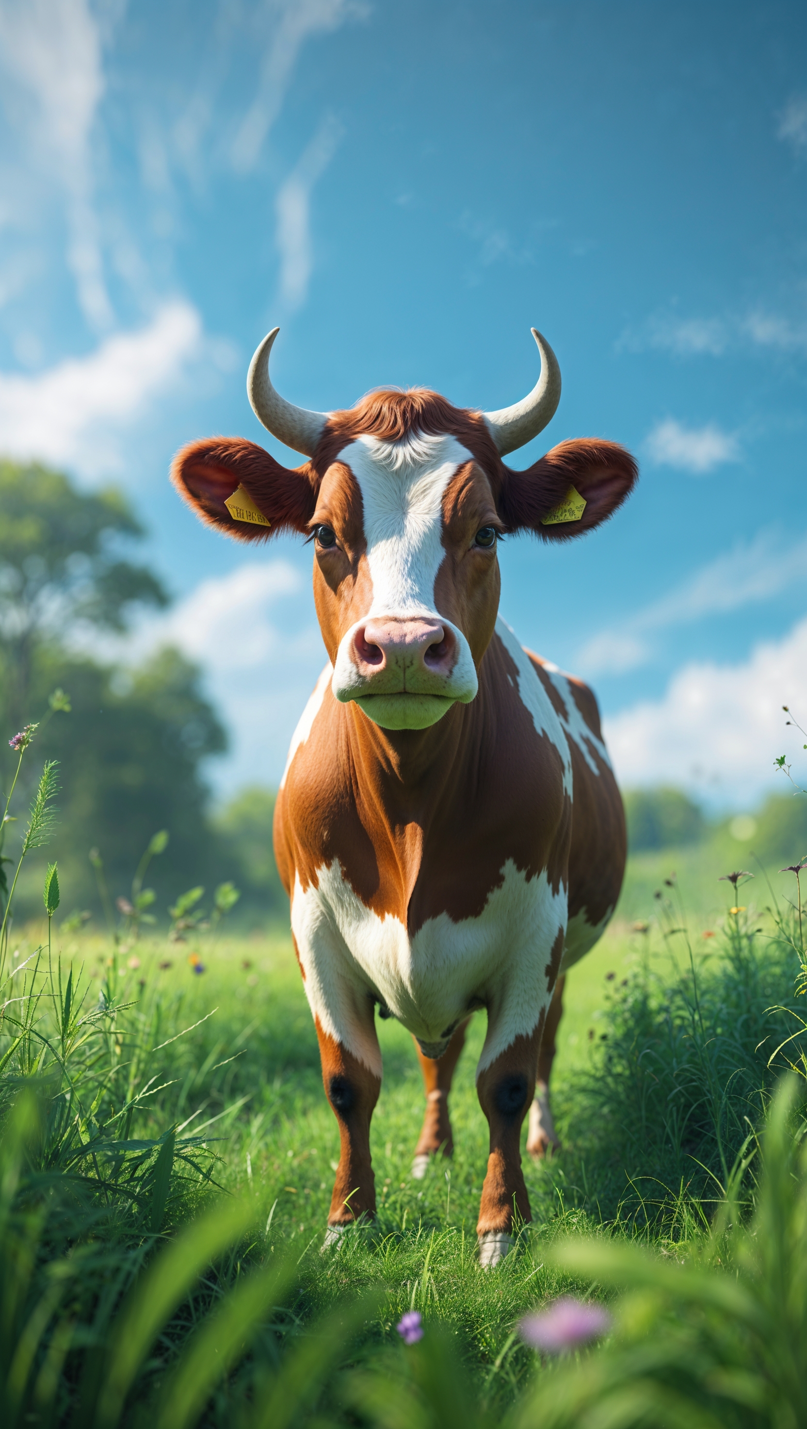 A cow with natural colors in a lush green environment for an iPhone wallpaper