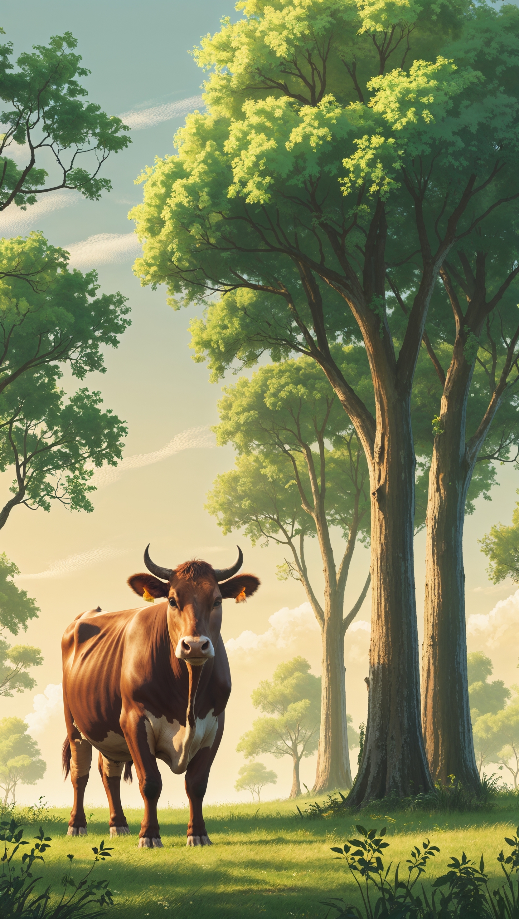 A cow next to tall trees and pasture trees for an iPhone wallpaper