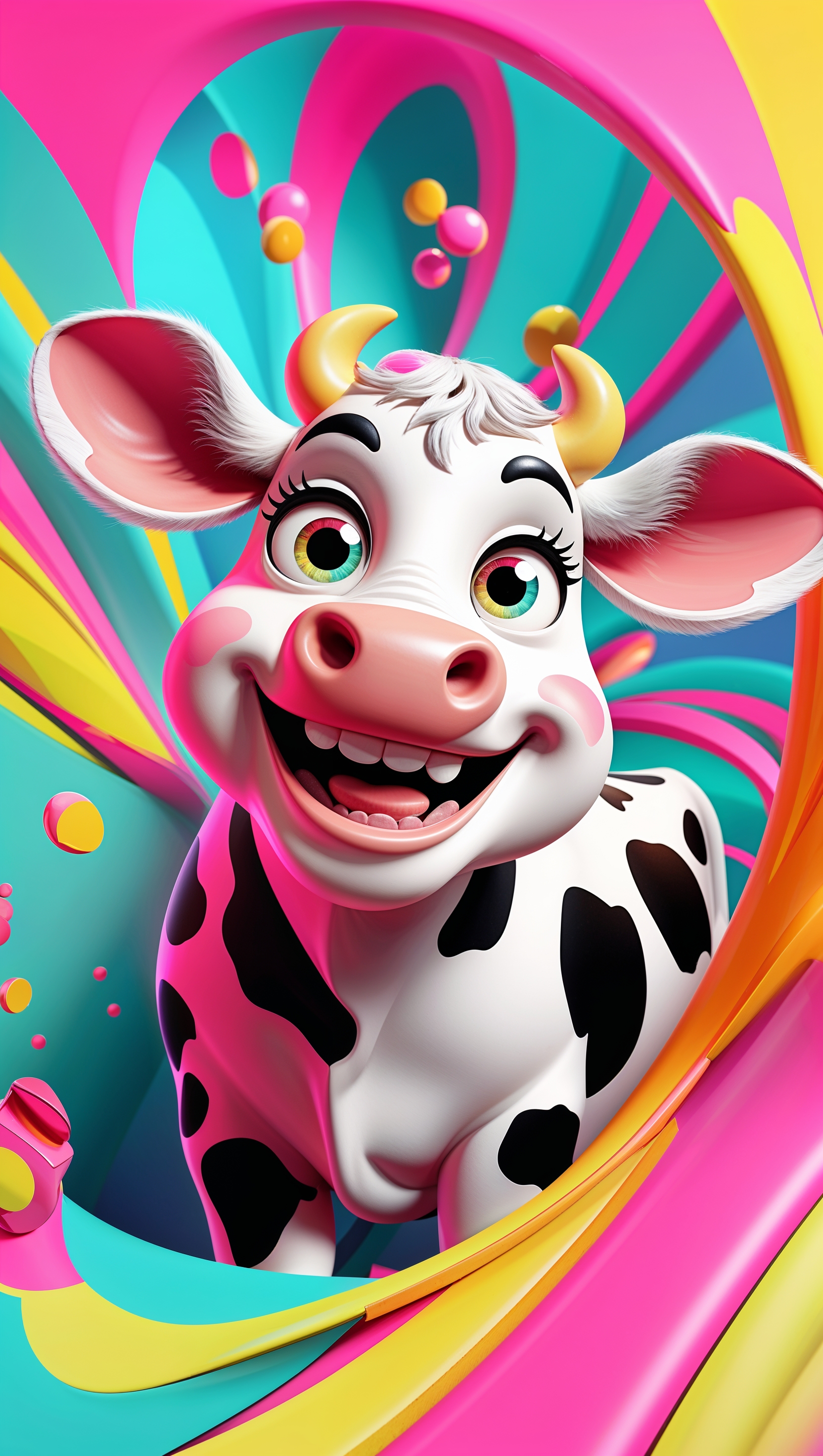 A cartoon cow with a big smile and a colorful background for an iPhone wallpaper
