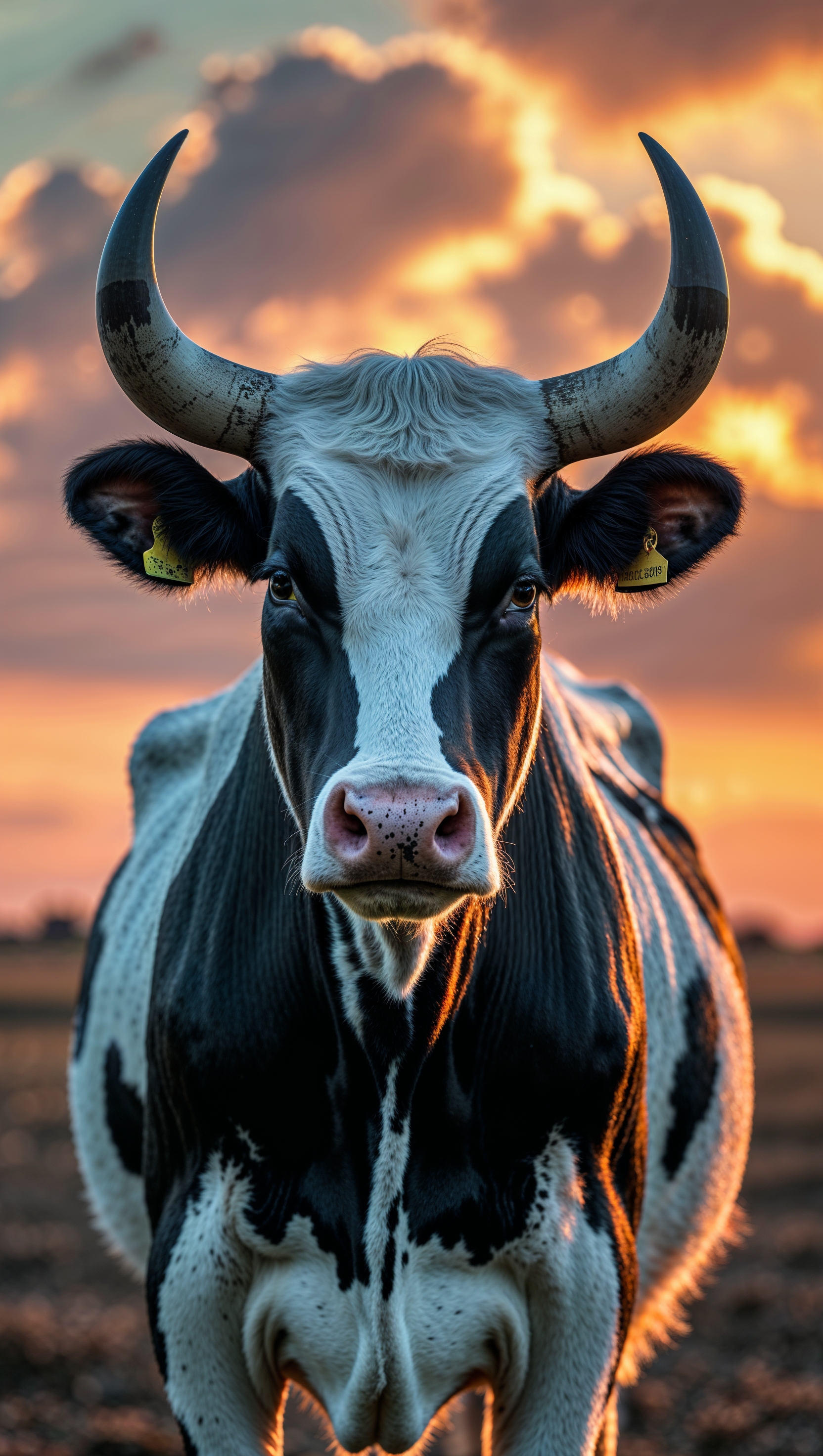 A black and white cow with a sunset background for an iPhone wallpaper