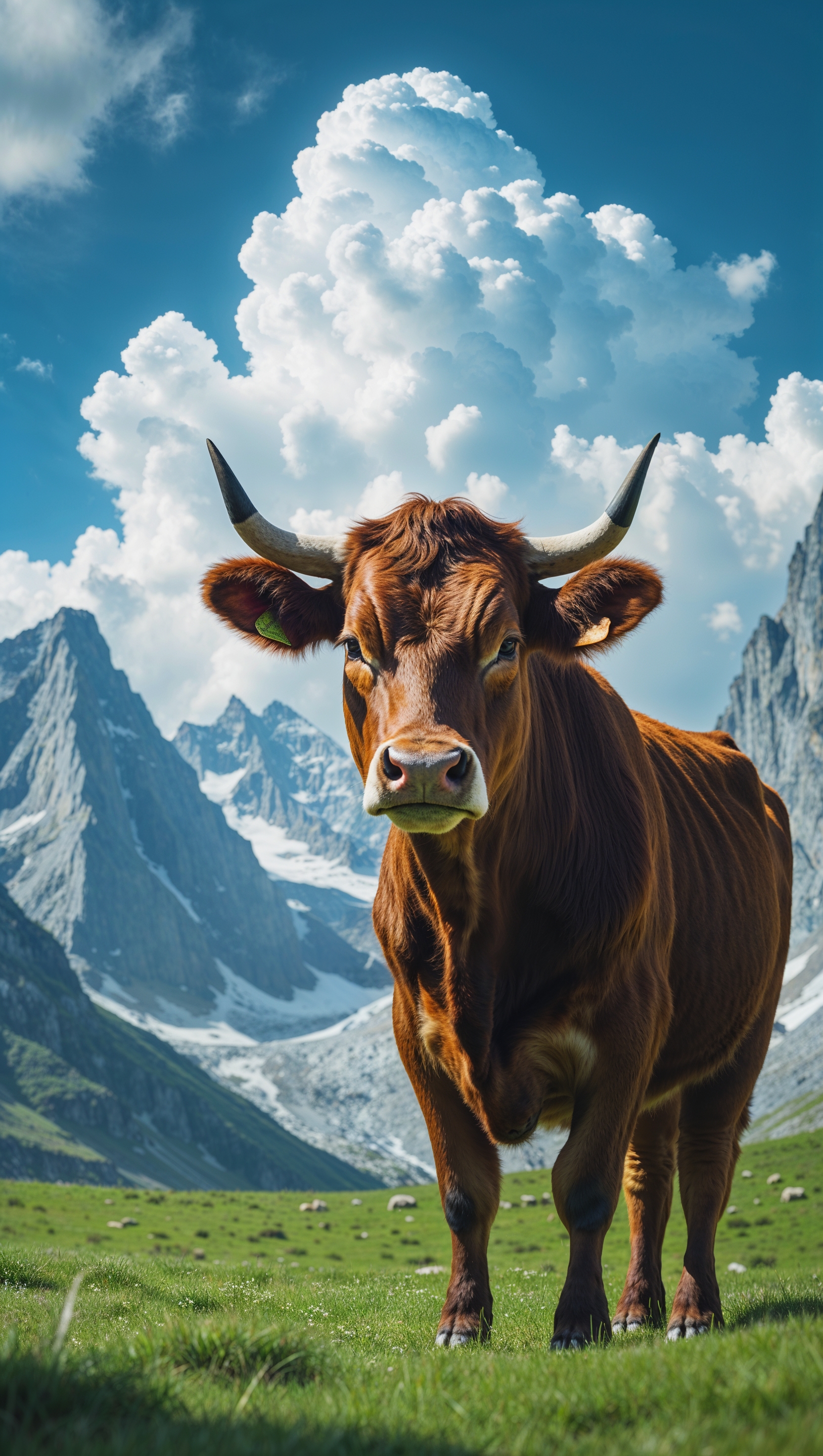 A cow in a mountainous environment with thick clouds for an iPhone wallpaper