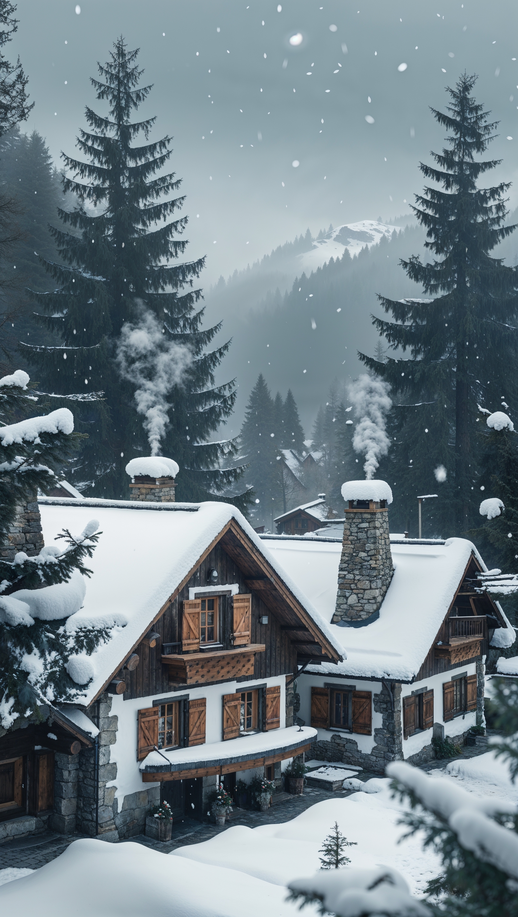 A snowy mountain village with cozy cottages and smoke from chimneys