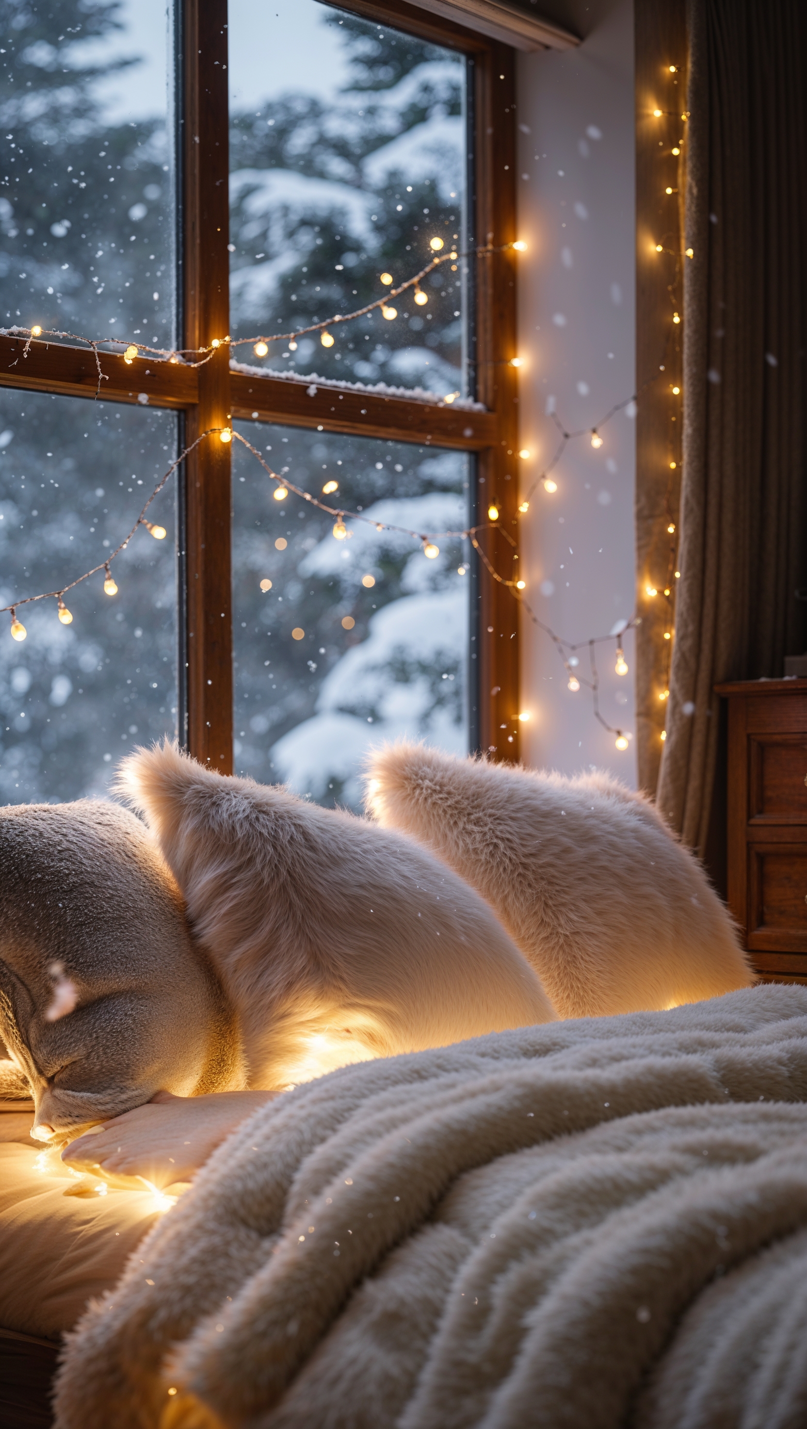 A cozy bedroom with fairy lights and snowy window
