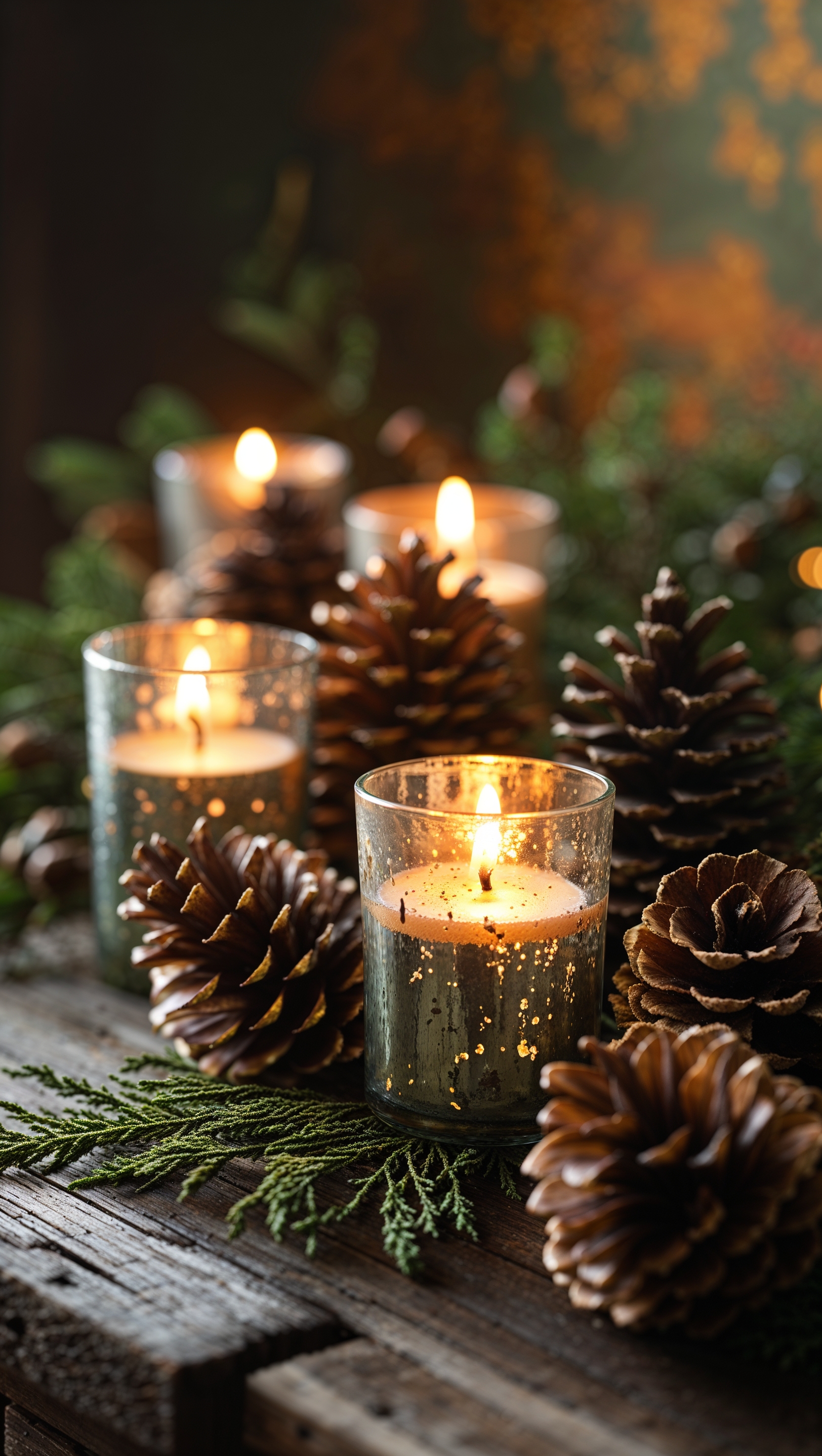 Warm candlelight and pinecones on a wooden table