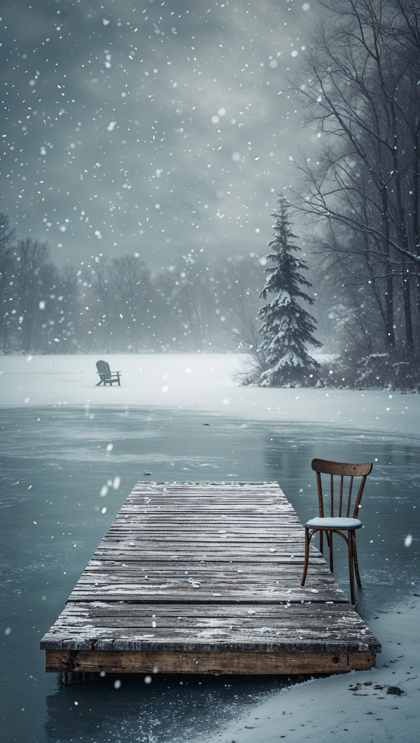 Frozen lake with a wooden dock and soft snowflakes falling