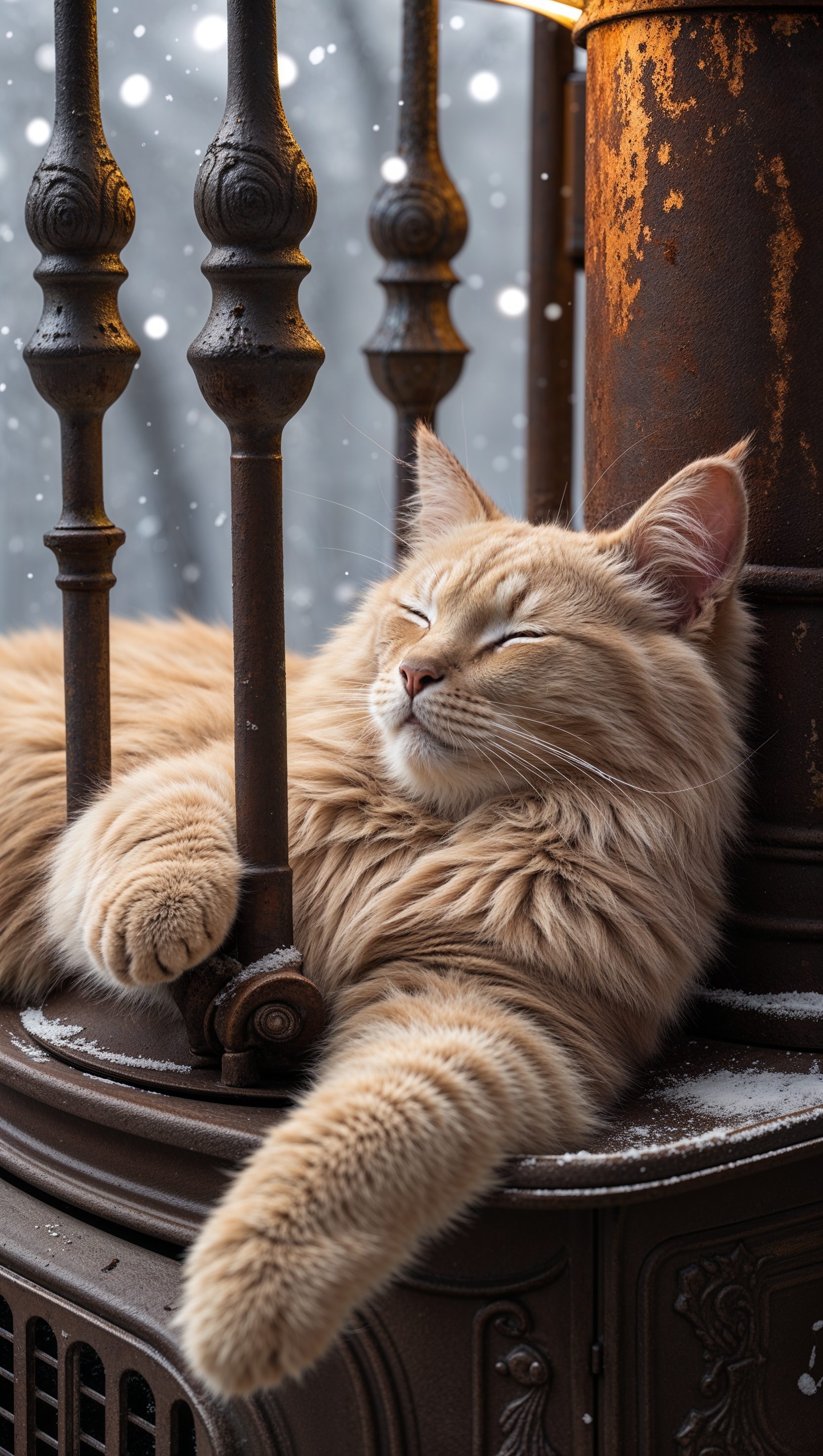 A cat sleeping by a warm heater in winter
