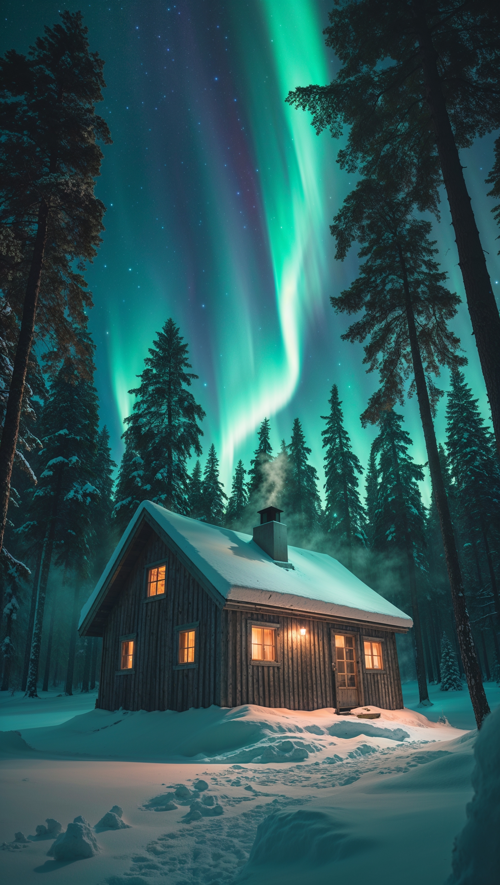 Northern lights over a snowy cabin in the woods