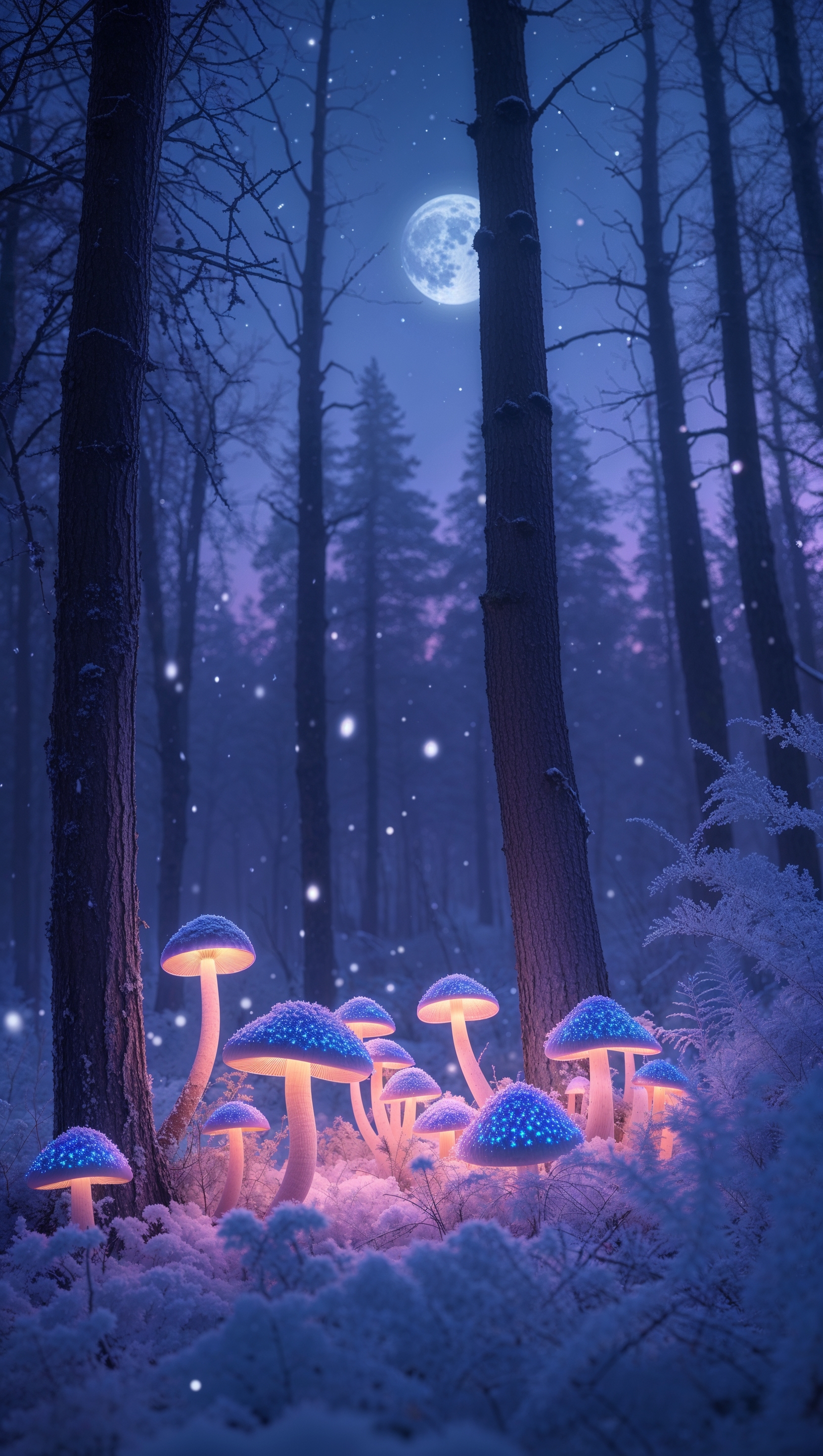 A magical winter forest with glowing mushrooms and snowflakes