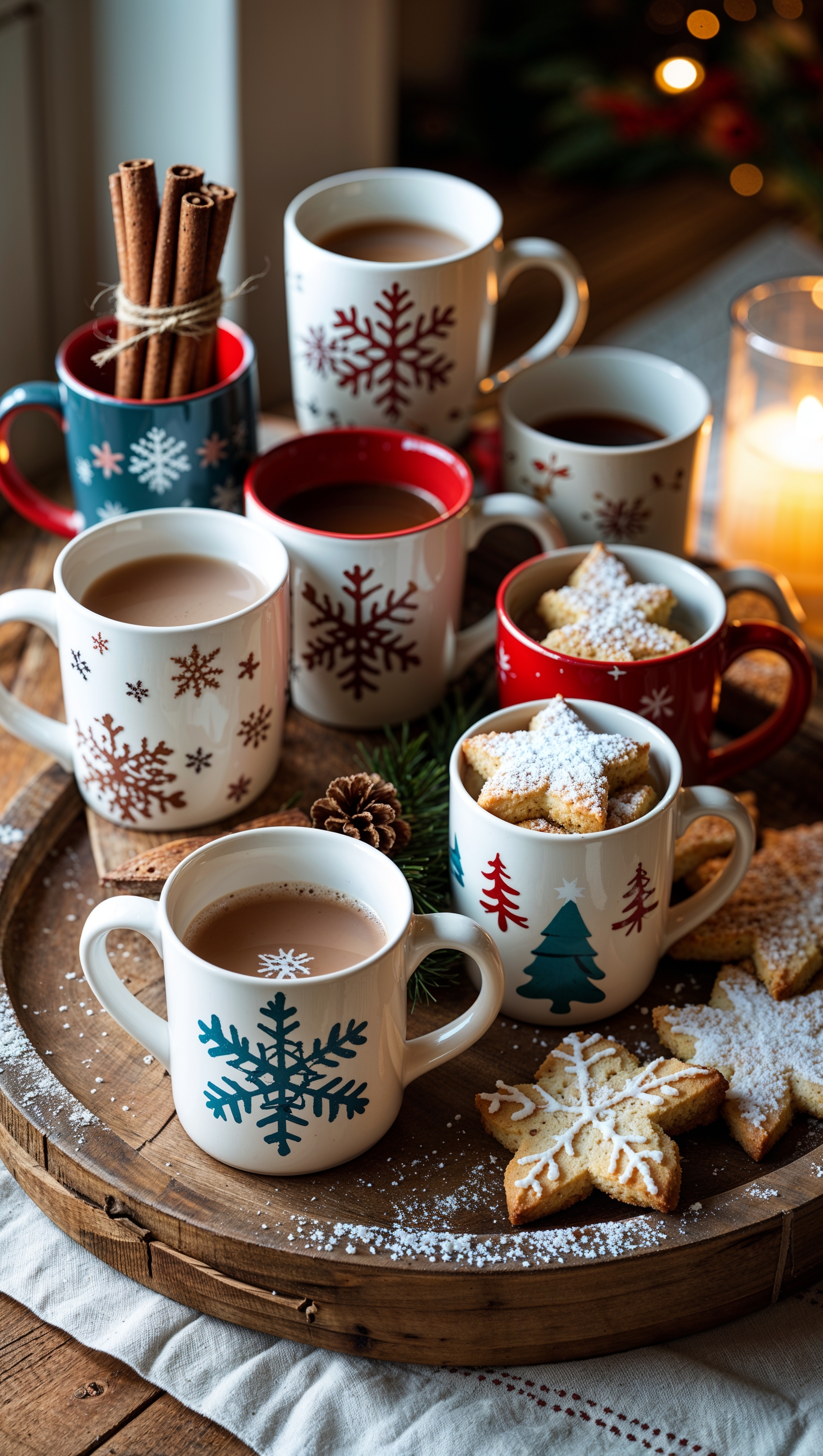 Winter-themed mugs, cinnamon sticks, and cookies on a tray