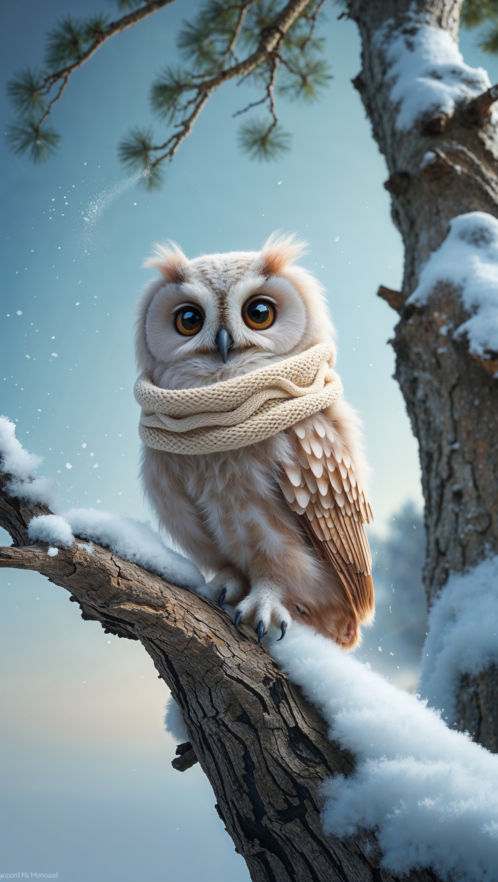 A cozy owl with a tiny scarf perched on a snowy branch