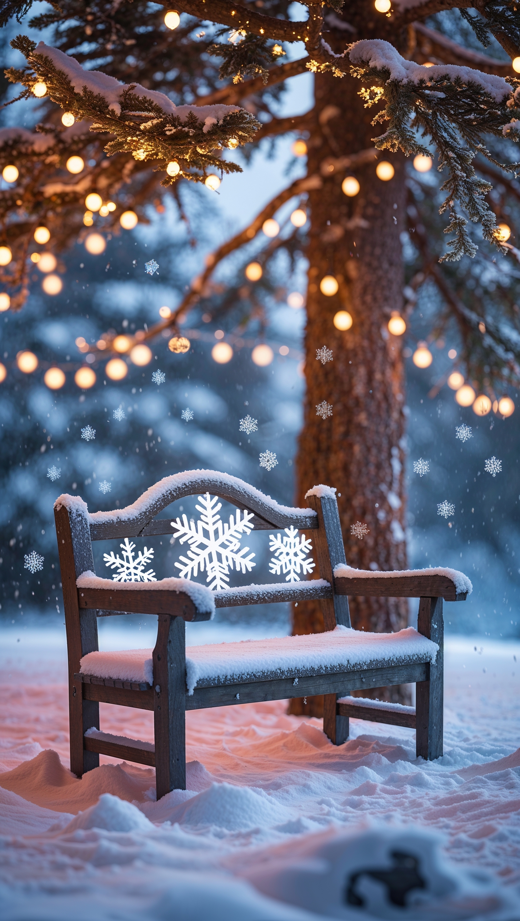 A snow-covered bench under twinkling string lights