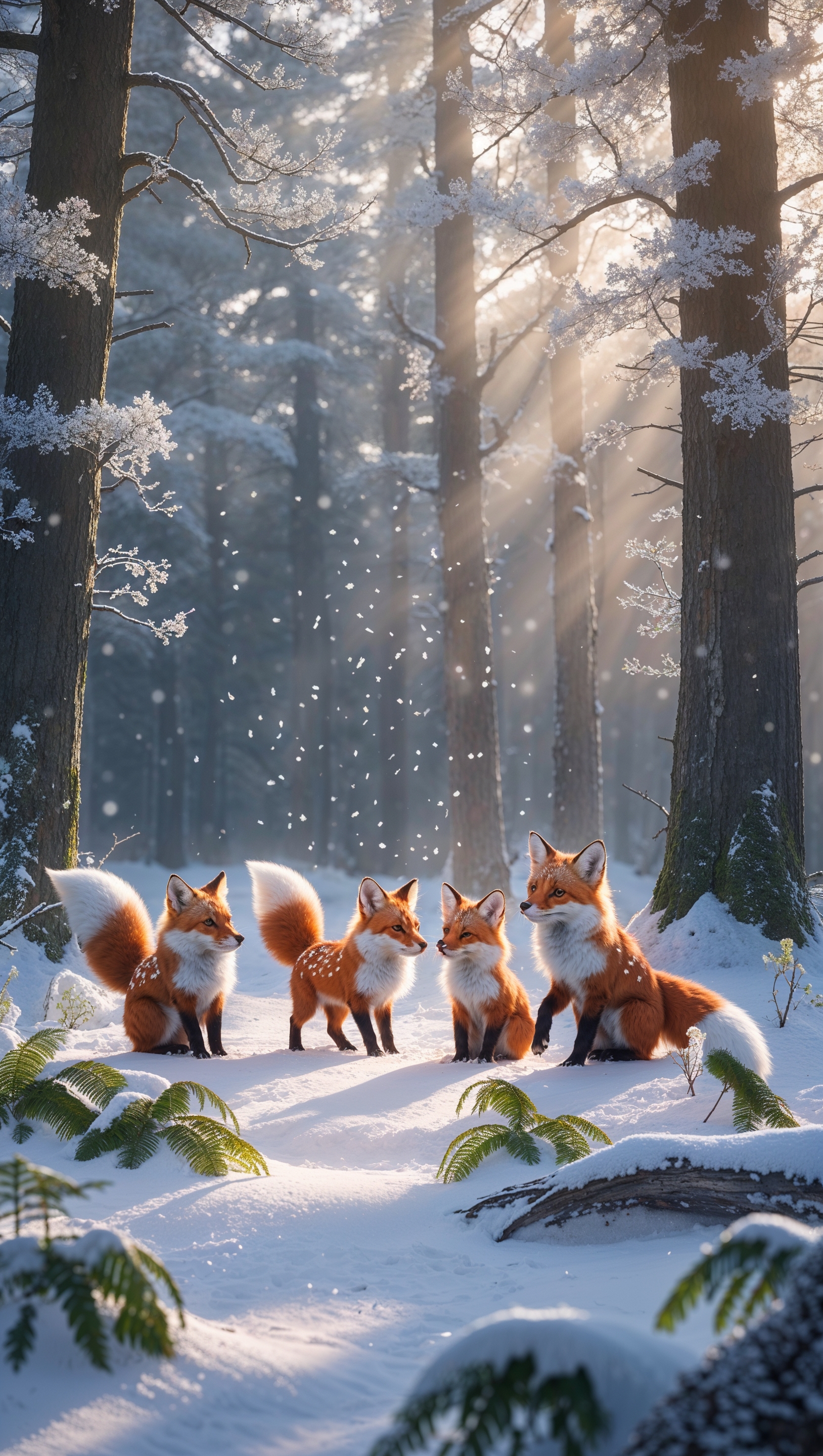 Cute animals like foxes or deer in a peaceful winter forest