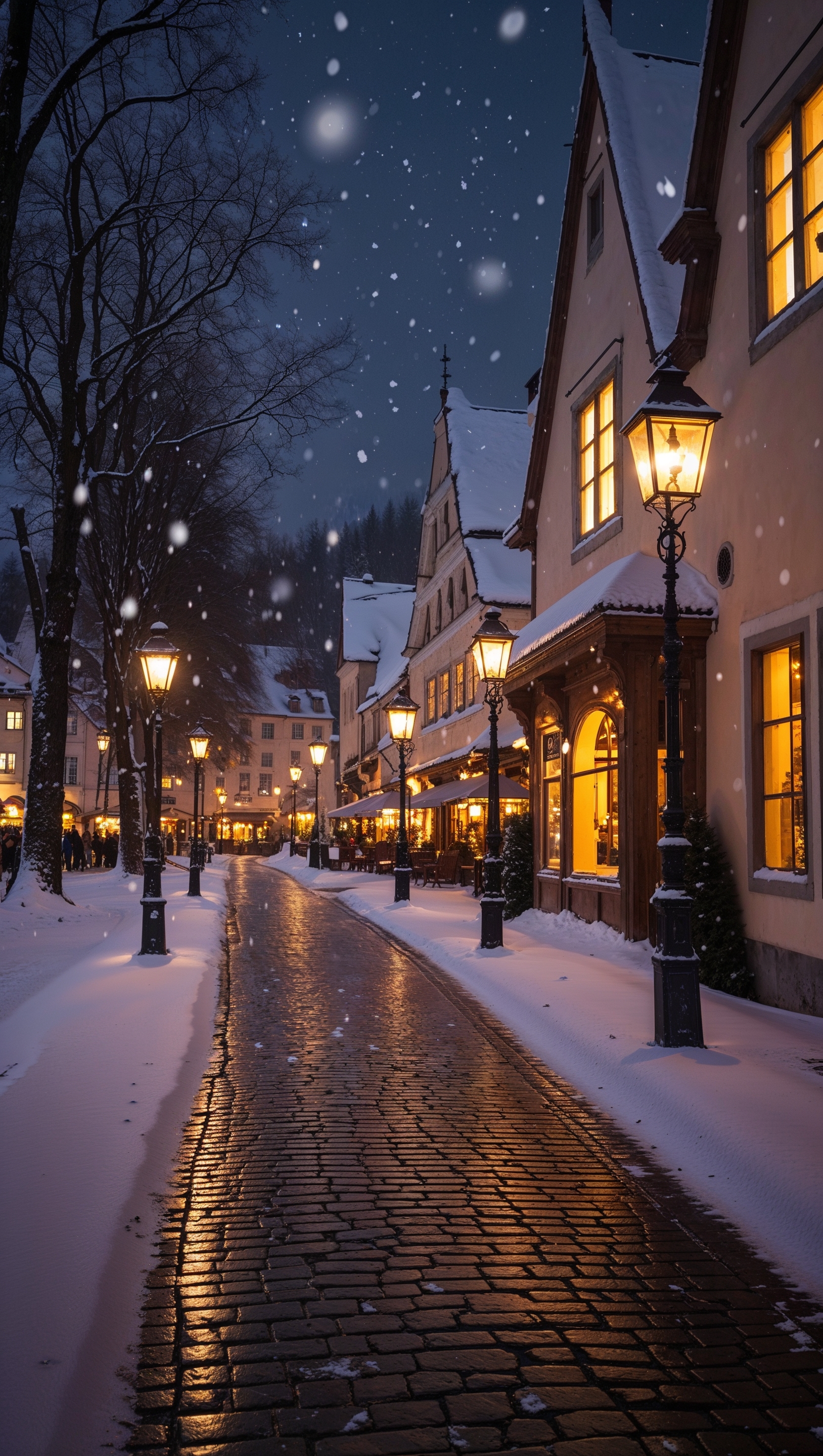 Snowy street in a cozy European town at night