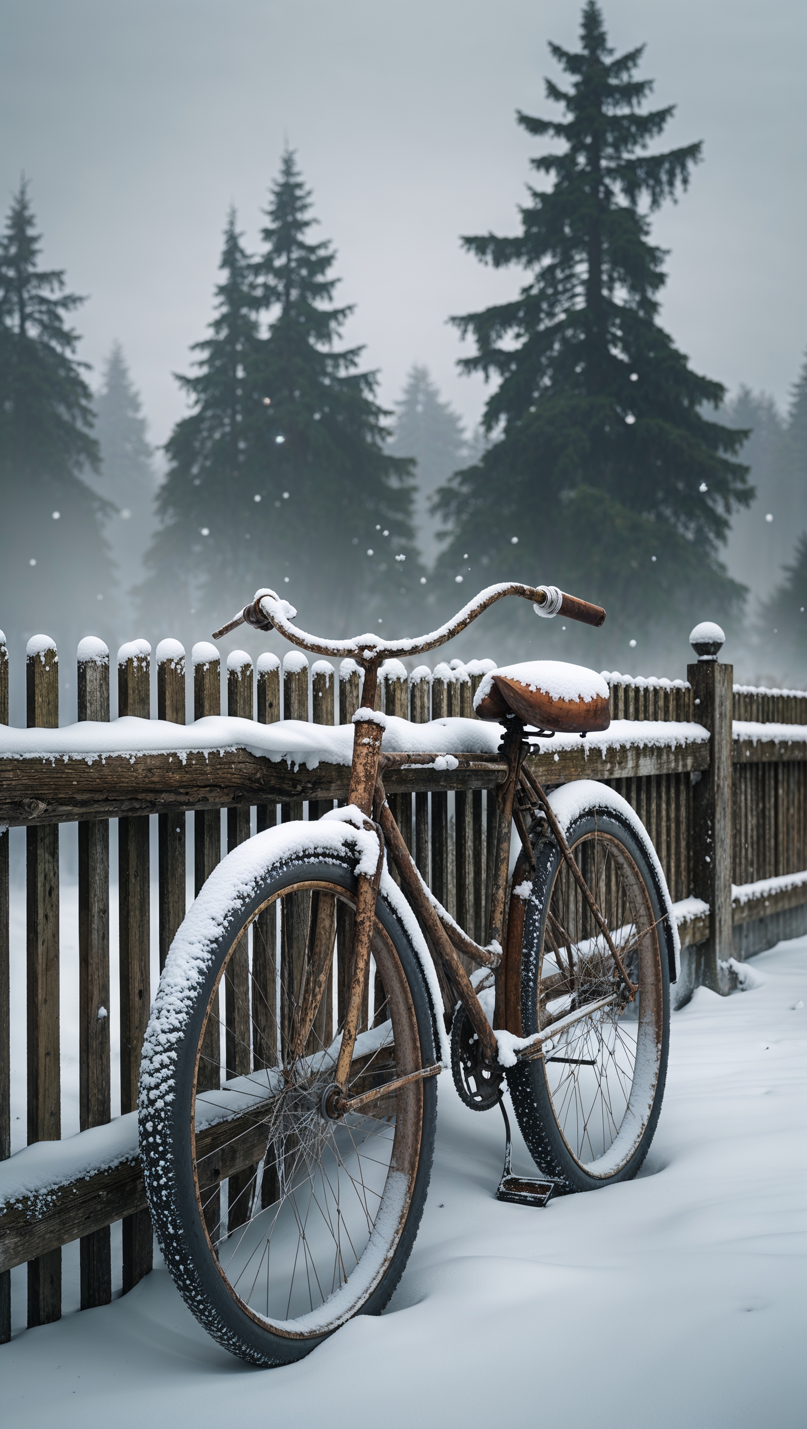 A snow-covered bicycle leaning against a wooden fence