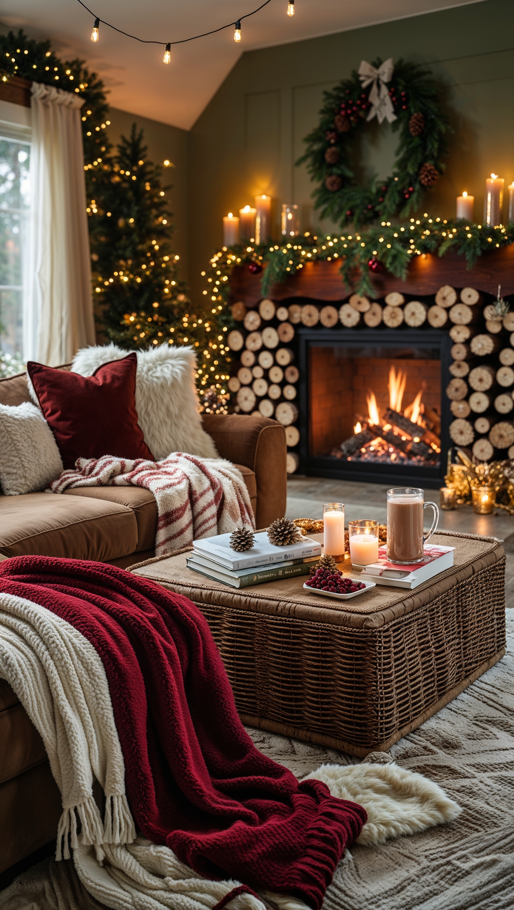 A cozy living room decorated for winter with blankets and lights