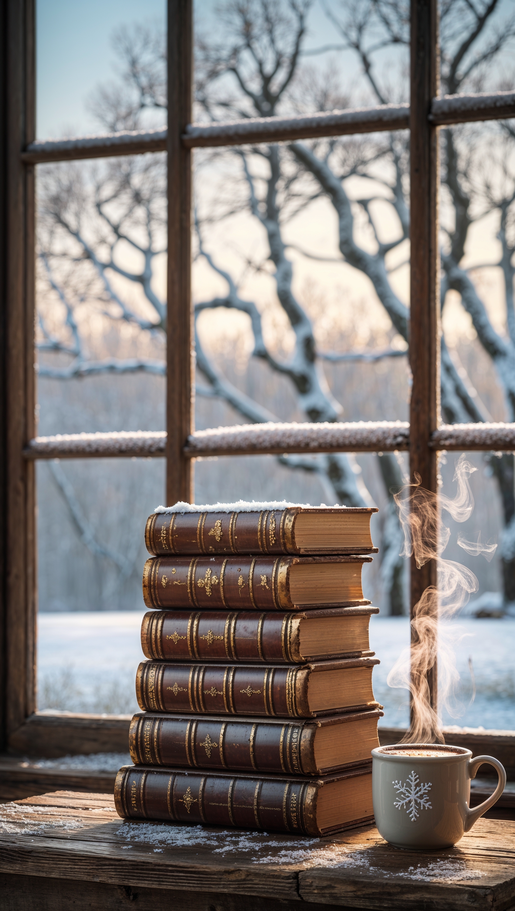 Stack of books, a hot drink, and a snow-covered view outside