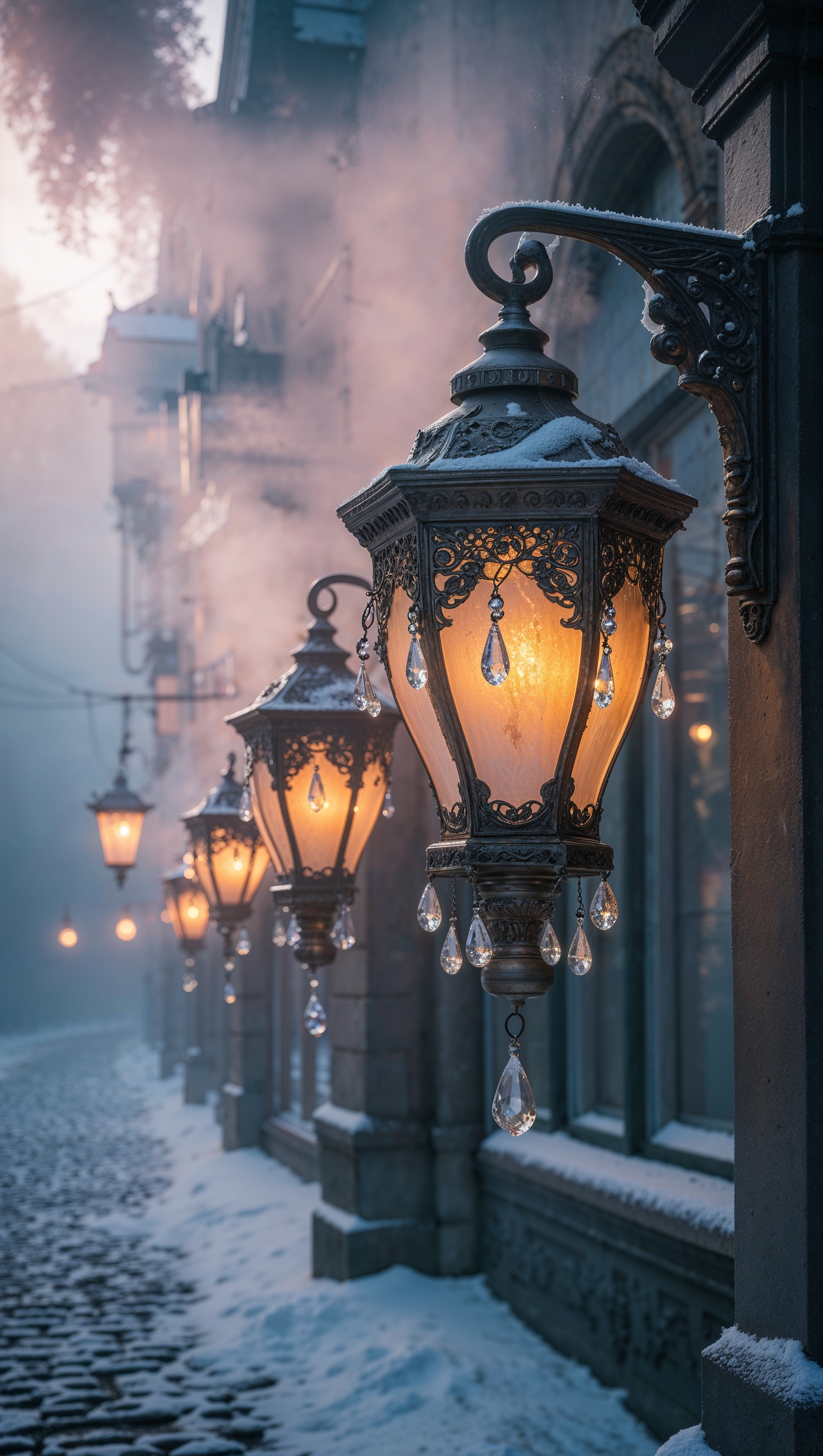 Vintage street lanterns glowing in the snowy fog
