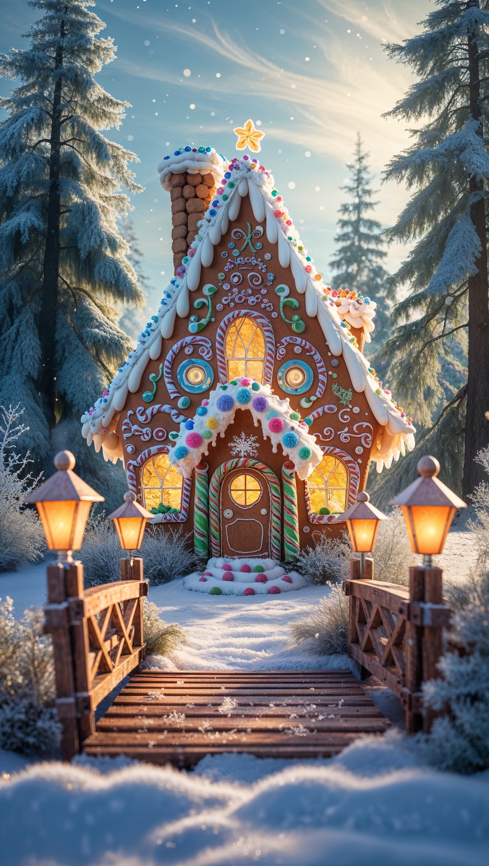 Winter fairytale scene with a cozy gingerbread house