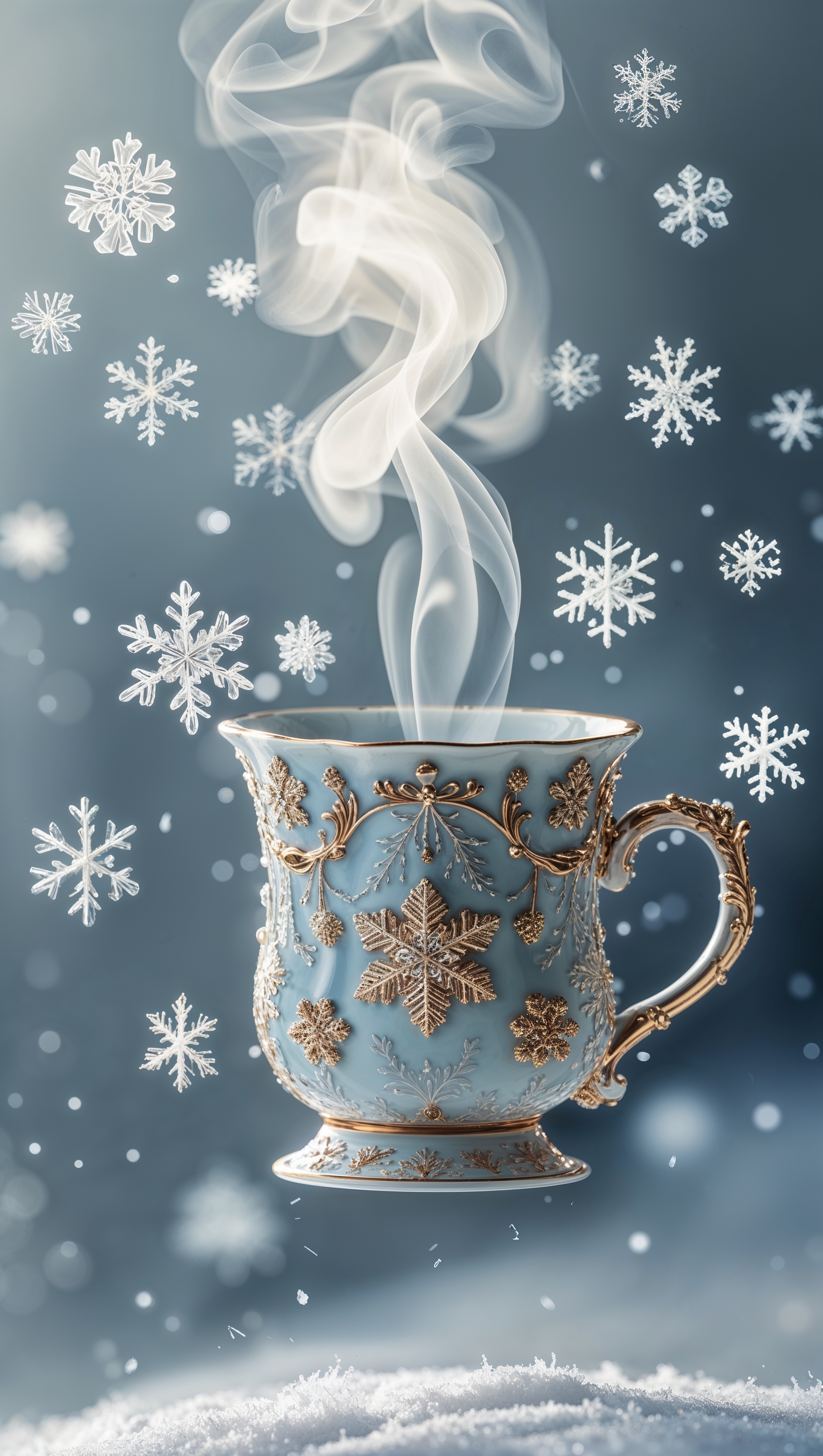 A steaming mug floating in the air surrounded by snowflakes