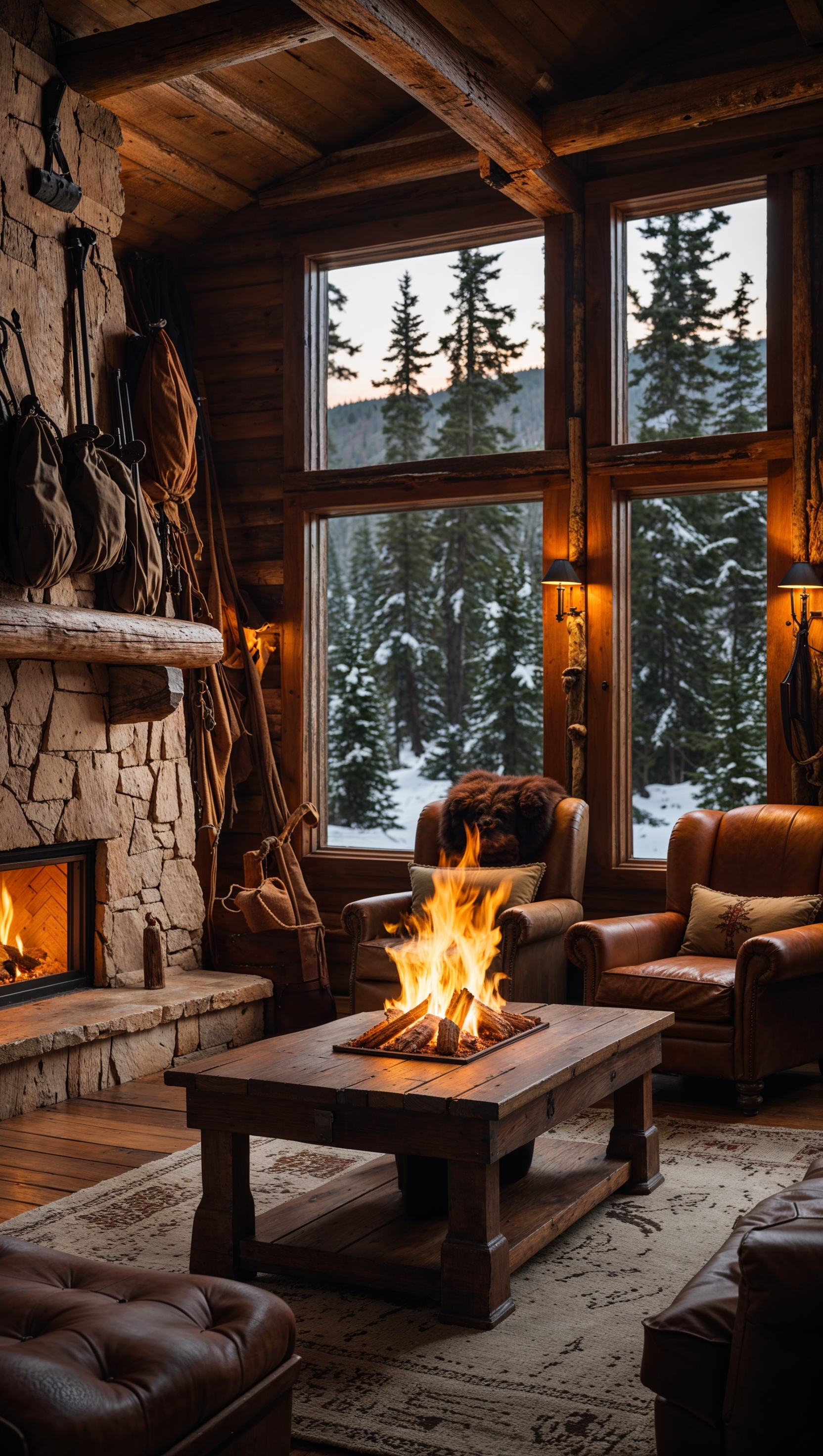 A rustic wooden cabin interior with a roaring fireplace