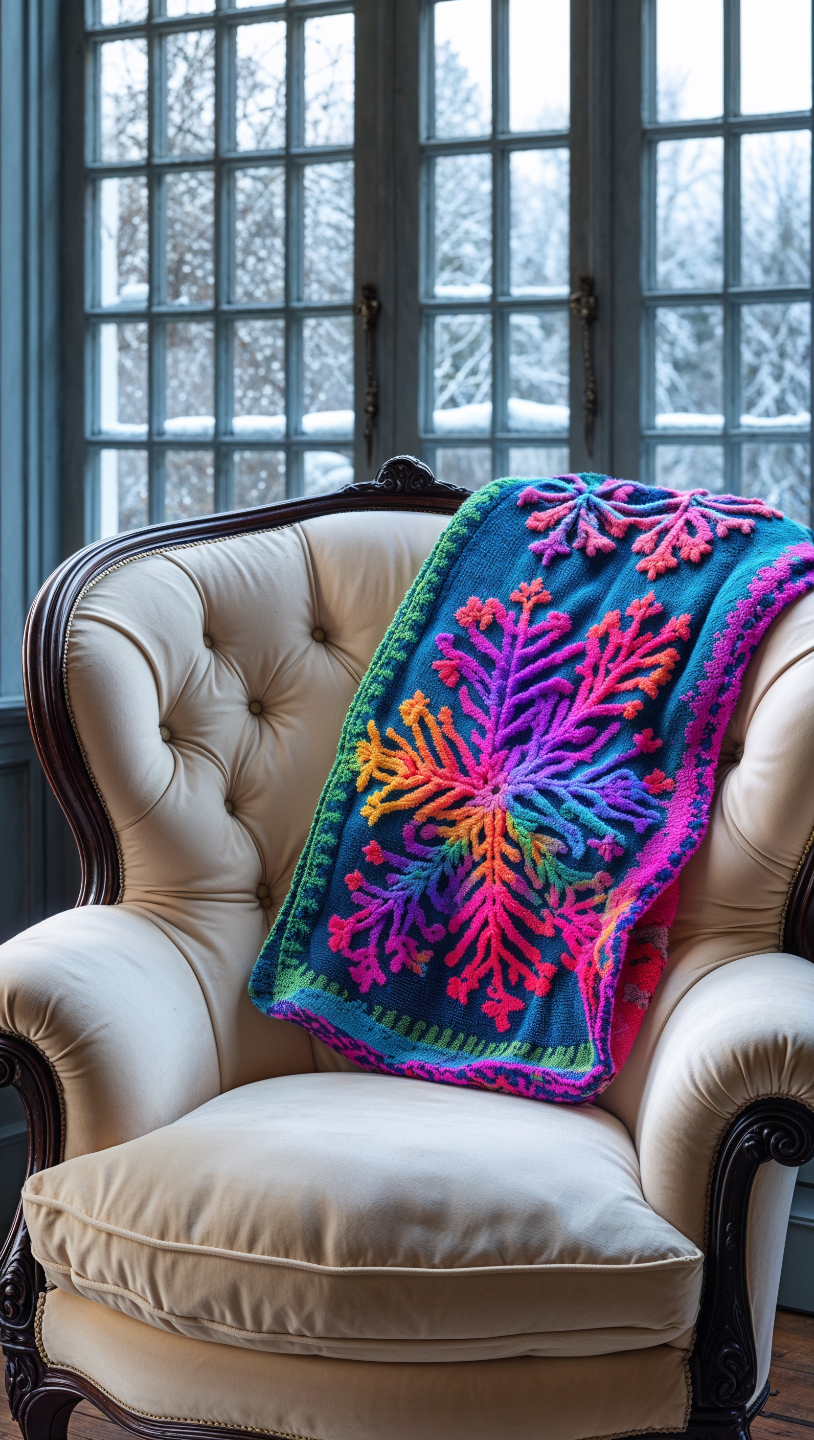 A cozy armchair with a knitted throw and a snowy window view