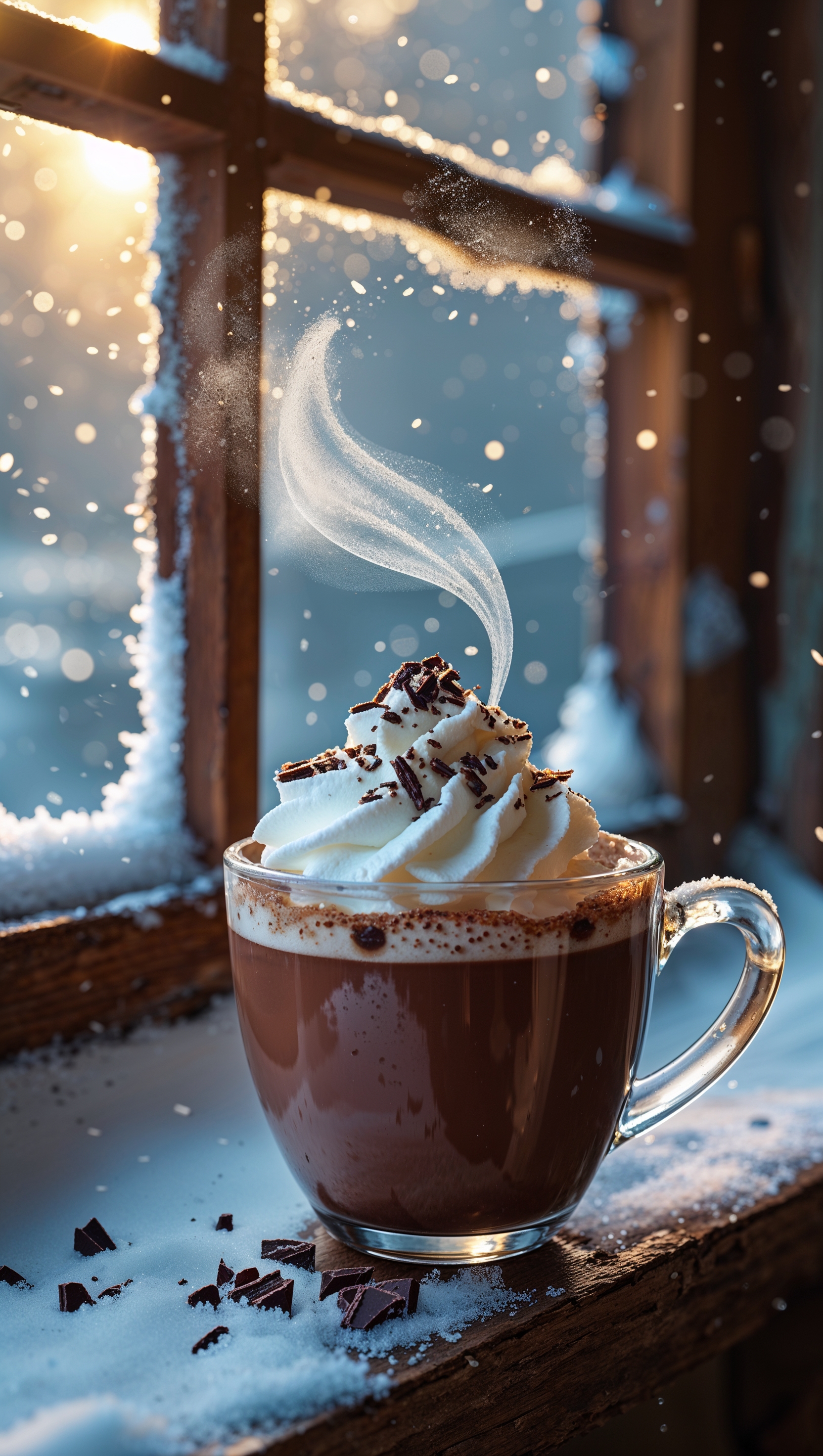 A steaming cup of hot chocolate on a snowy windowsill