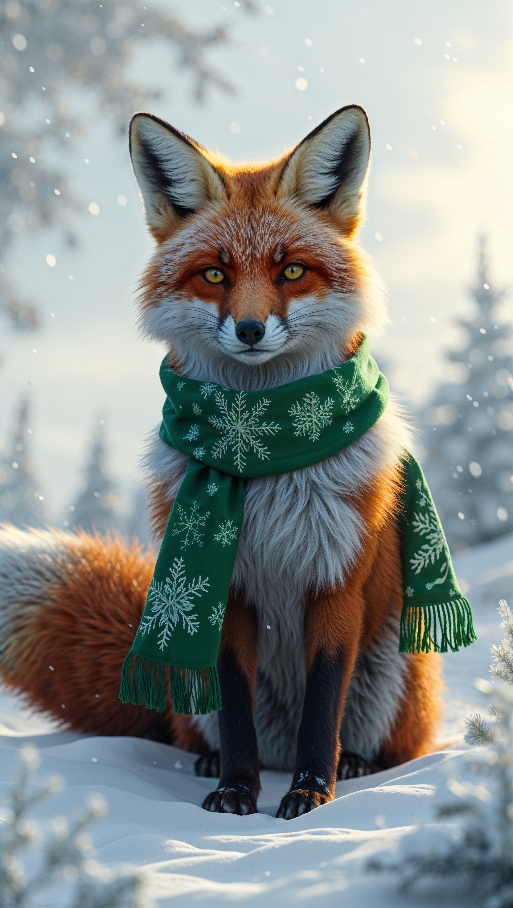 A fox wrapped in a scarf sitting in the snow