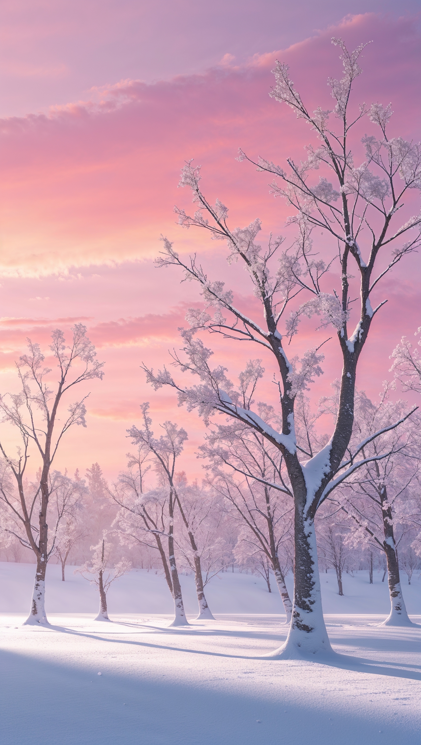 Snow-covered trees under a pink sunset sky