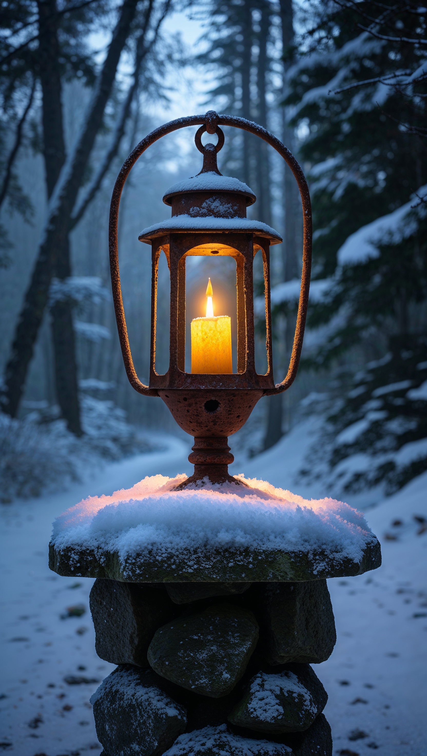 A cozy lantern glowing on a snowy path at night