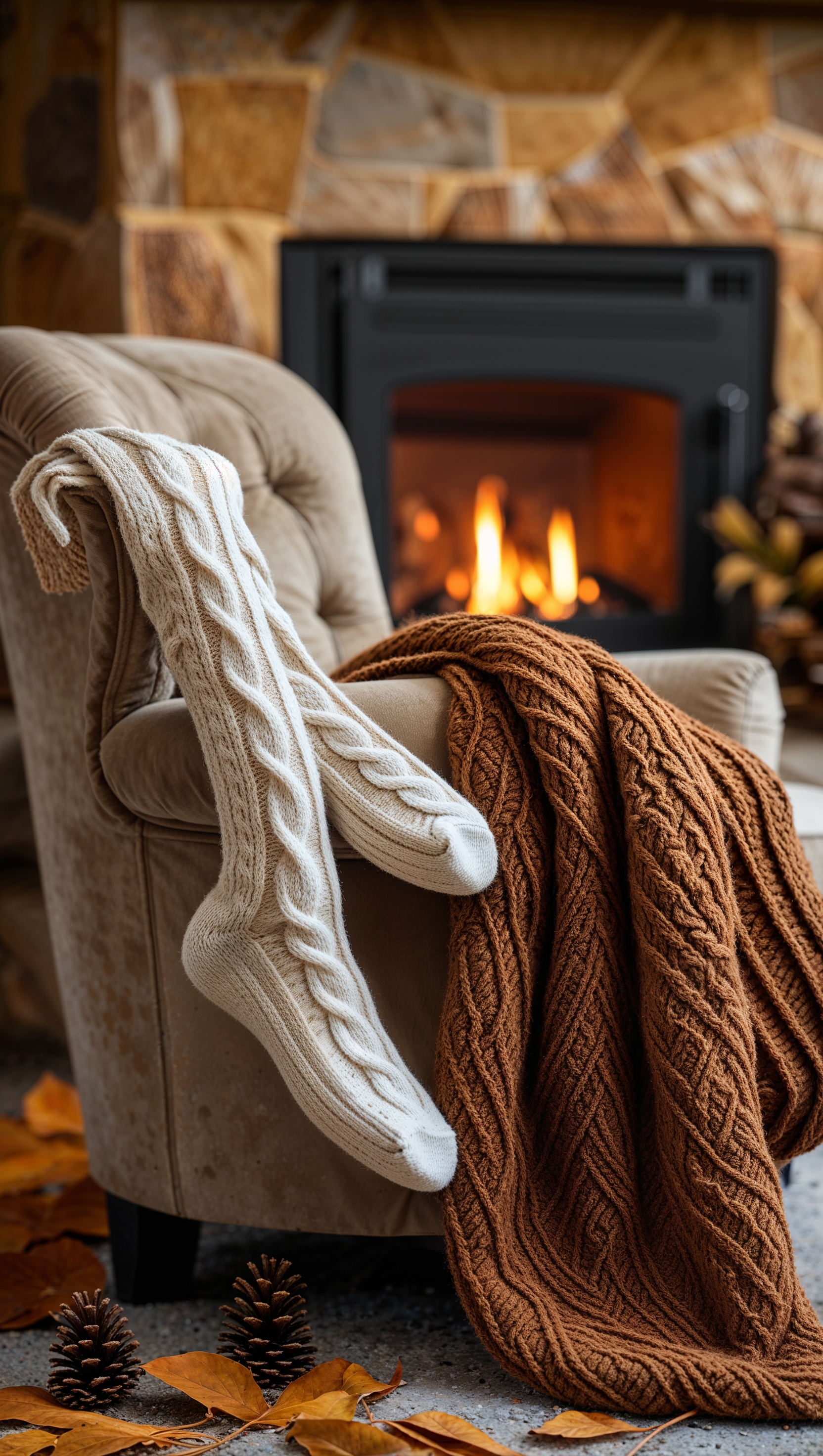 Knitted socks and a woolen blanket by the fireplace